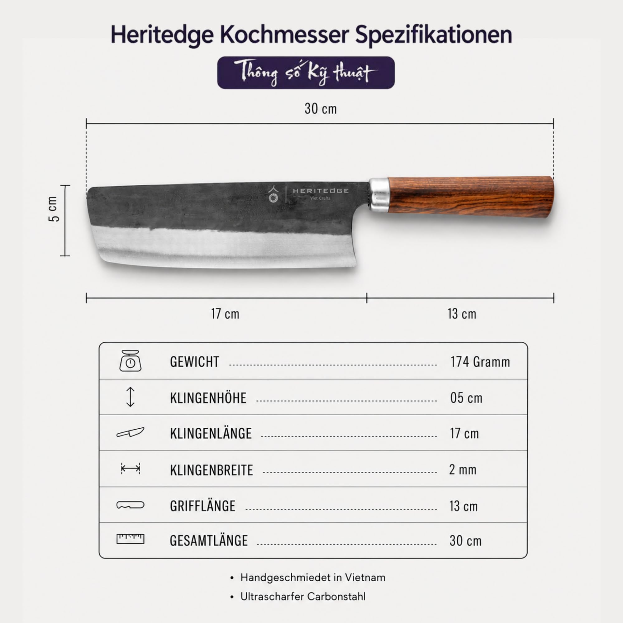 Rua Classic | Handgefertigtes Nakiri Messer 17 cm | Handgeschmiedet in traditioneller Schmiede in Vietnam | Carbonstahl 60–61 HRC | Tamarindenholz