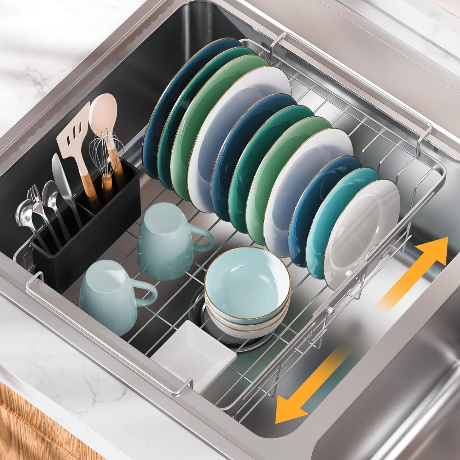 Orgneas Capacity Expandable Dish Drying Rack in Sink, Stainless Steel Rustproof Over Sink Dish Drainer Rack with Utensil Holder for RV Kitchen Counter, Fit for Interior Width 10.5''~17'' Sinks