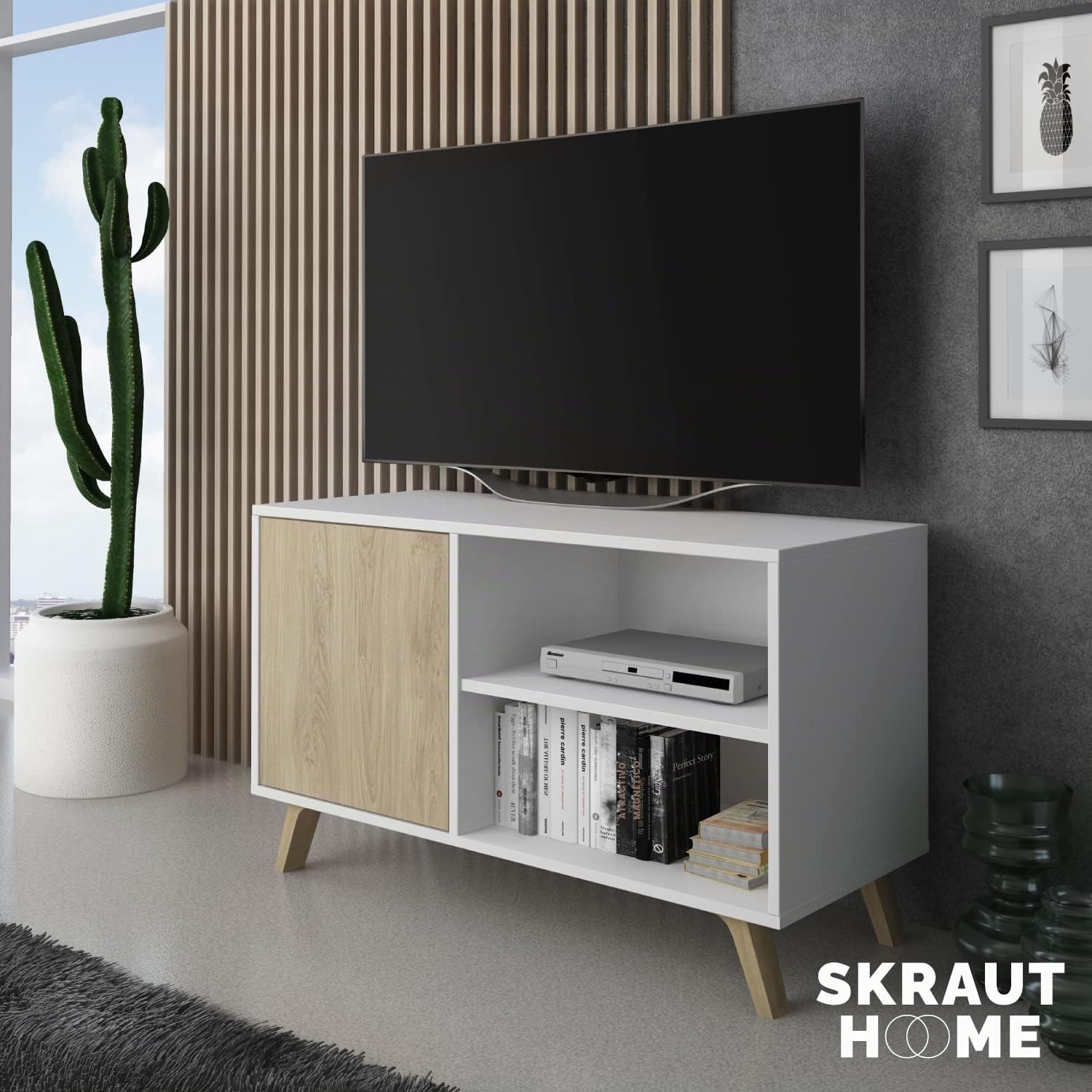 Skraut Home | Mueble de TV para Salón | 57 x 95 x 40 cm | Indicado para TV de 32/40" | Modelo Wind 100 | Blanco Mate/Roble