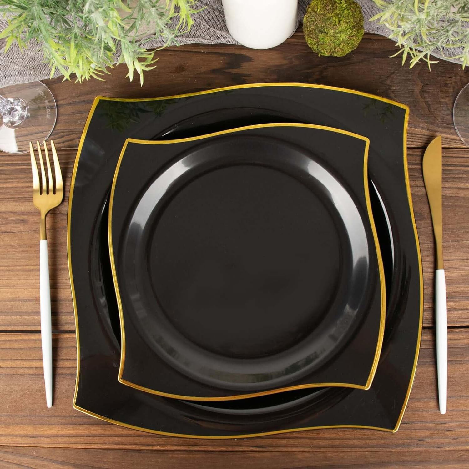 Efavormart 10-Pack 8" Black and Gold Wavy Rim Square Plastic Salad Dessert Plates, Elegant Disposable Tableware for Birthdays Weddings and Upscale Party Event Dining