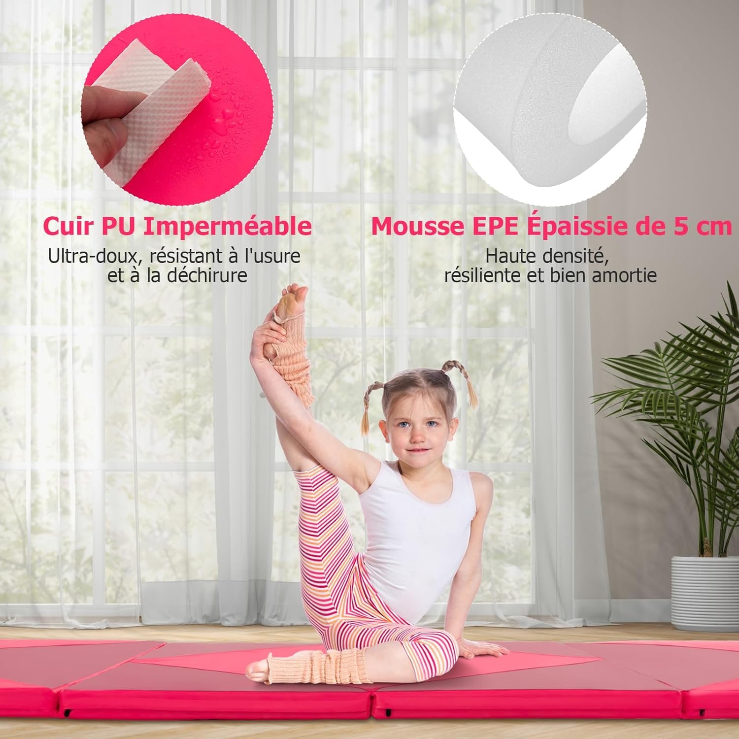 GOPLUS Colchoneta de Gimnasia Plegable, 240x117x5cm, Esterilla de Entrenamiento de Cuero Artificial con Asas de Transporte, Alfombra de Suelo para Fitness Yoga (Rosa + Melocotón)