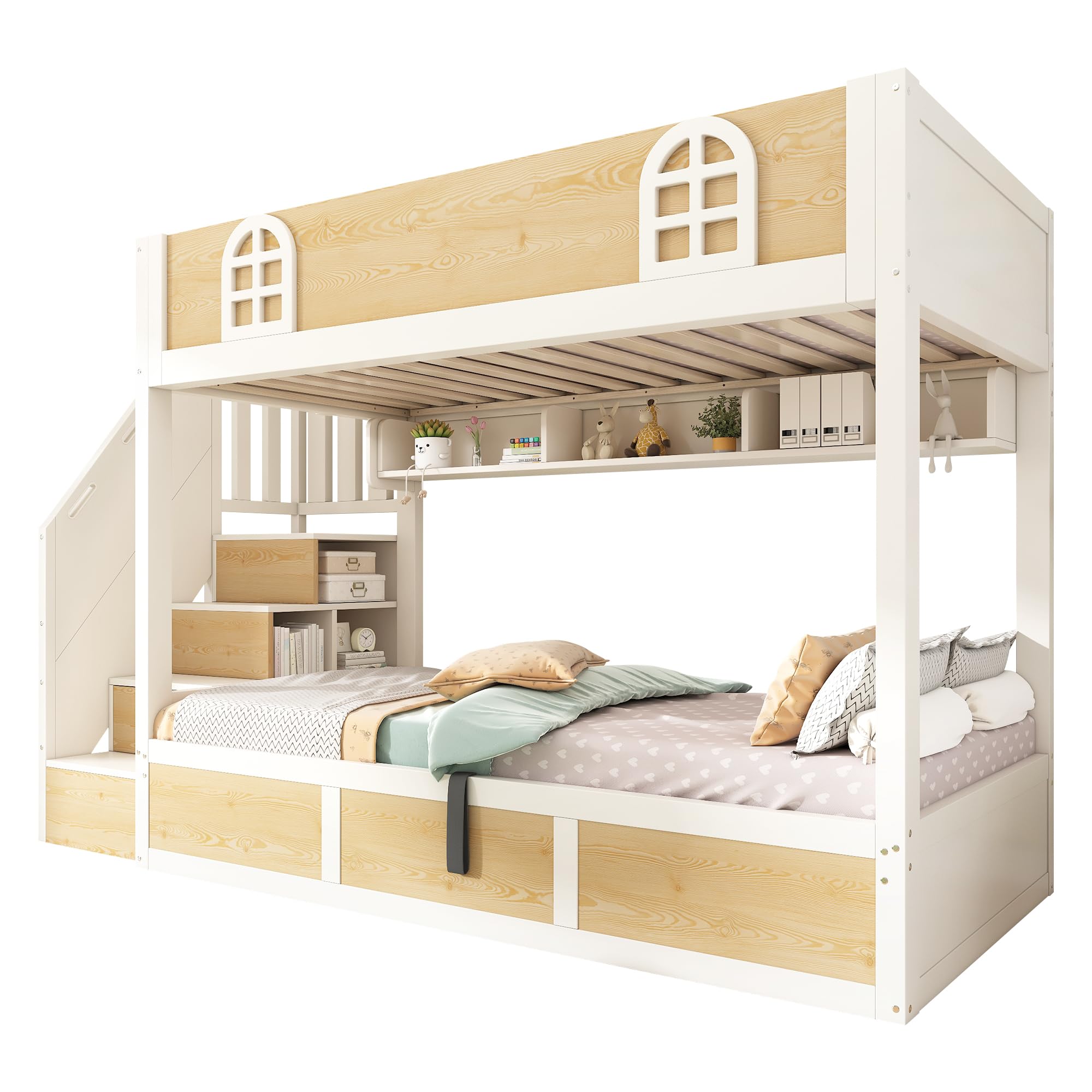 Letto a castello per bambini, 90 x 200 cm, con armadio per scale e vano portaoggetti, letto a castello doppio bianco e naturale, con ringhiere di sicurezza e rete a doghe, senza materasso
