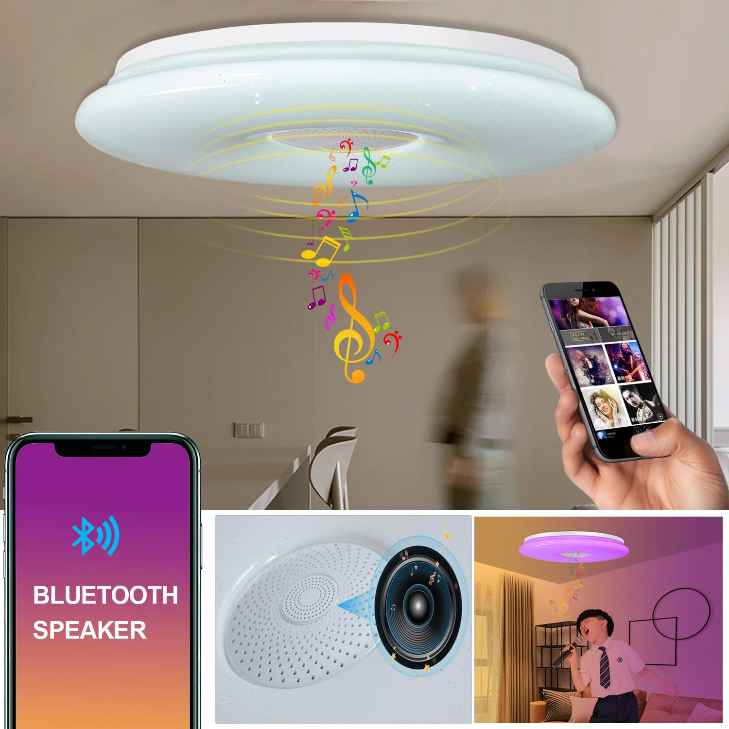 Lampy sufitowe Google Home Alexa z głośnikiem Bluetooth Nowoczesna lampa LED z pilotem Możliwość ściemniania do sypialni, kuchni, łazienki, dziecka