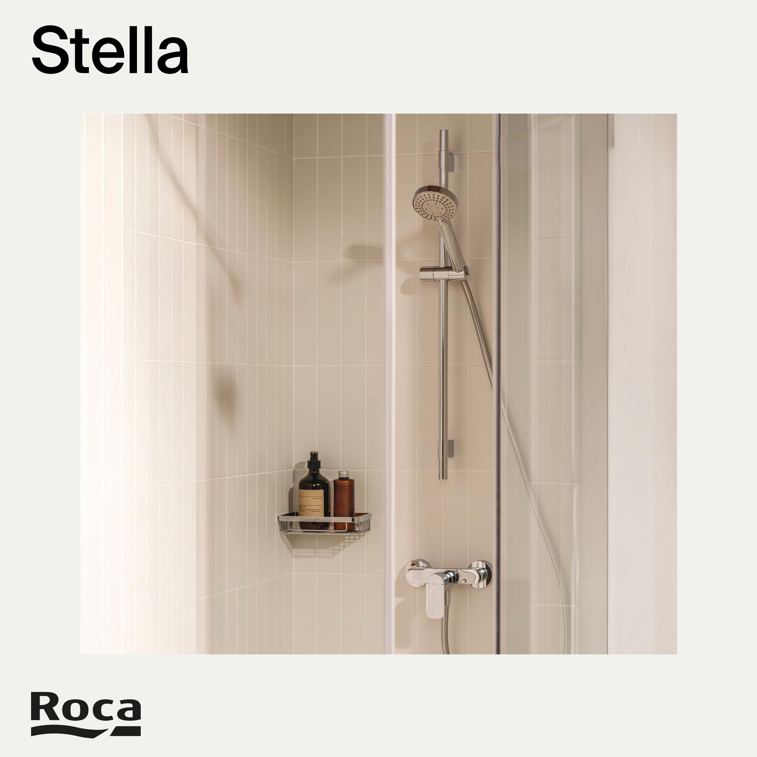 Roca,Stella,Set de ducha. Incluye ducha de mano de 100 mm de 3 funciones, soporte de ducha articulado y flexible de PVC satinado de 1,70 m,A5B1C03C00