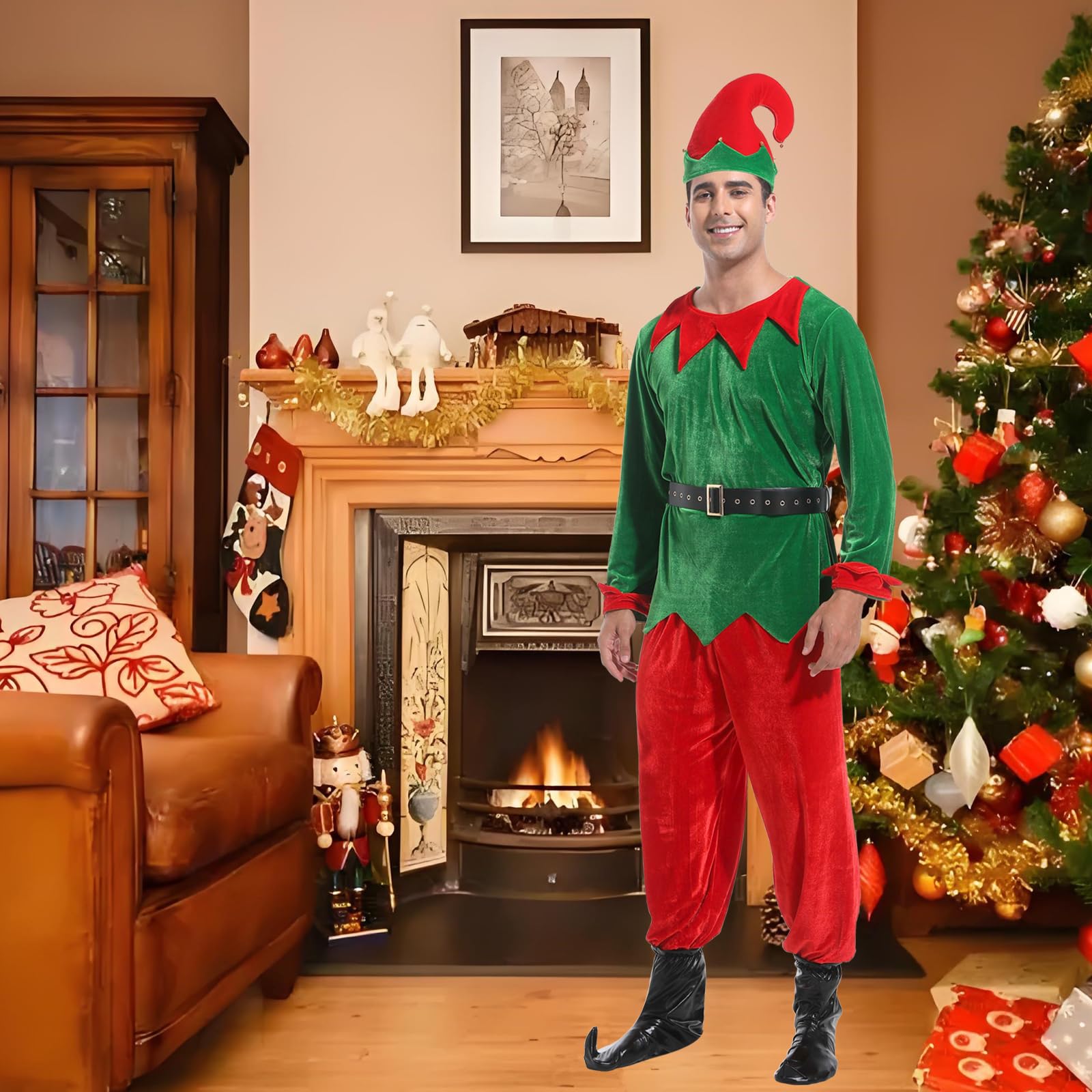 JESOHO Costume d'elfe unisexe pour adulte, déguisement de Noël, haut vert, pantalon rouge, ceinture, chapeau, couvre-chaussures. (Taille : S, M, L, XL, XXL)