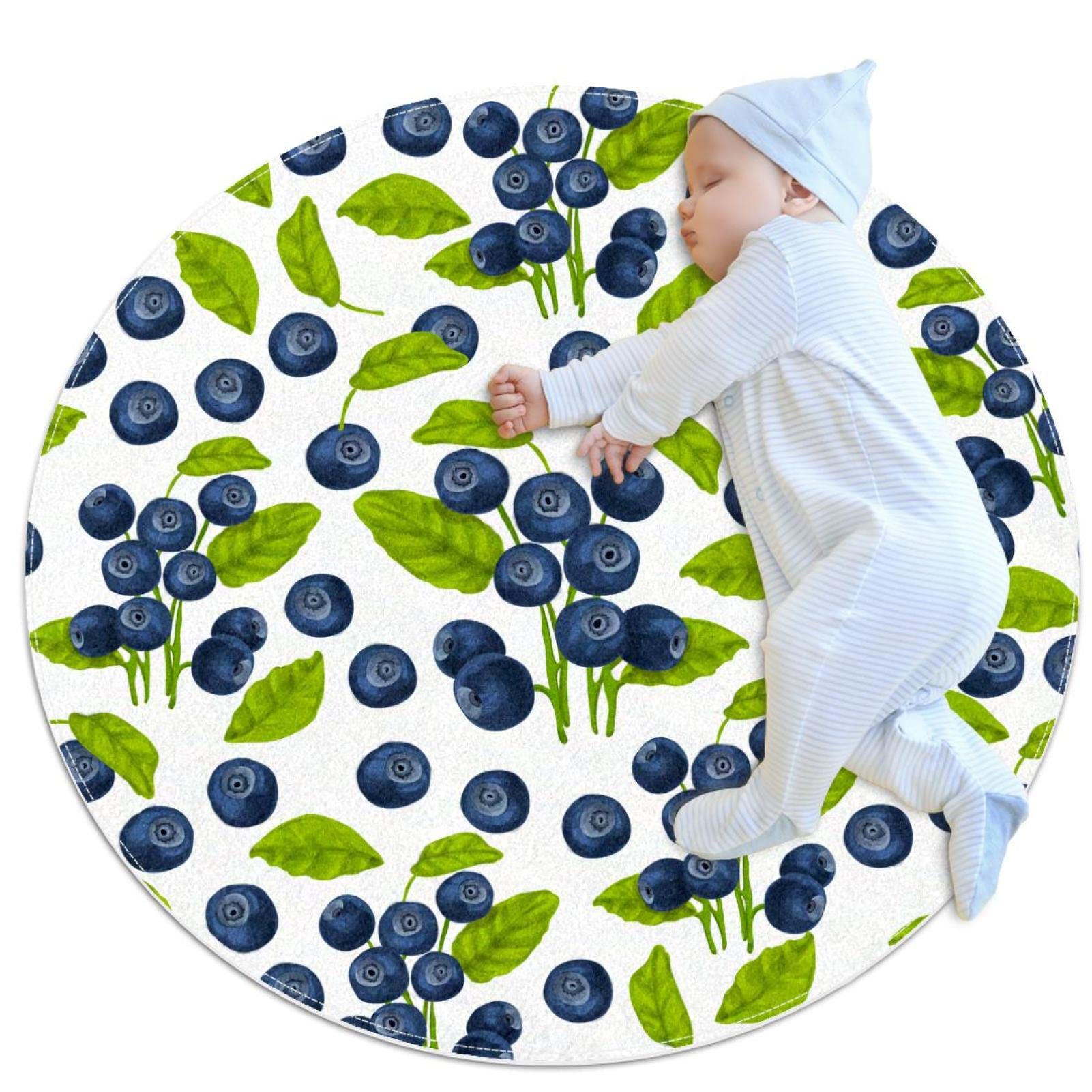 Tapis de buanderie rond lavable 100cm motif myrtille aquarelle antidérapant et doux