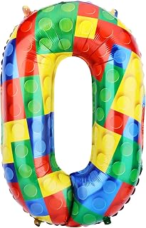 32 Inch Building Block Number Balloon, Colorful Number Block Foil Balloons Helium Balloon Numbers for Birthday Brick Theme Party Decorations (Number 0)
