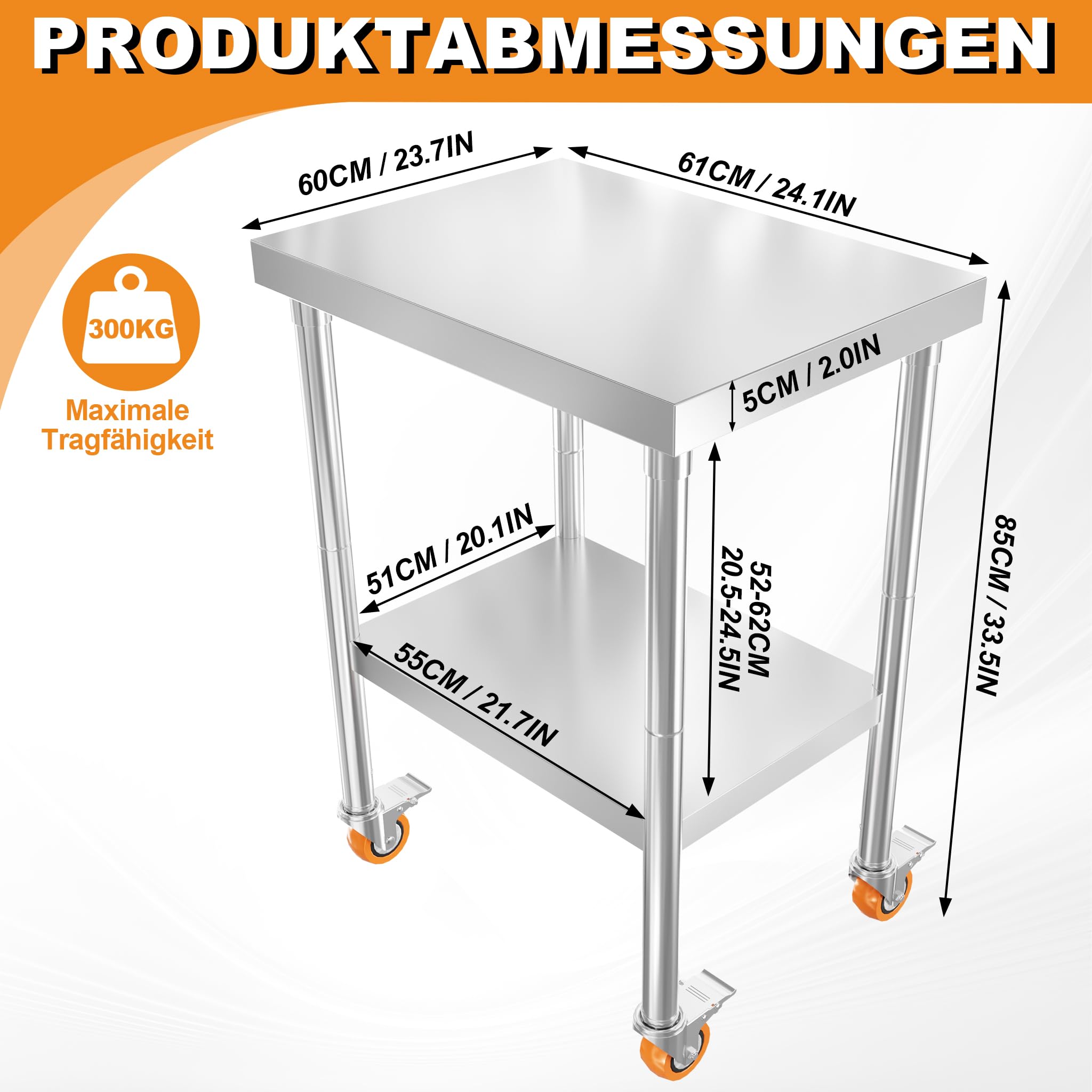 AufuN Mesa de trabajo de acero inoxidable, 61 x 60 x 85 cm, con ruedas y 2 niveles, mesa de trabajo móvil para cocina, comercio, restaurante y hotel, mesa de preparación de alimentos de acero