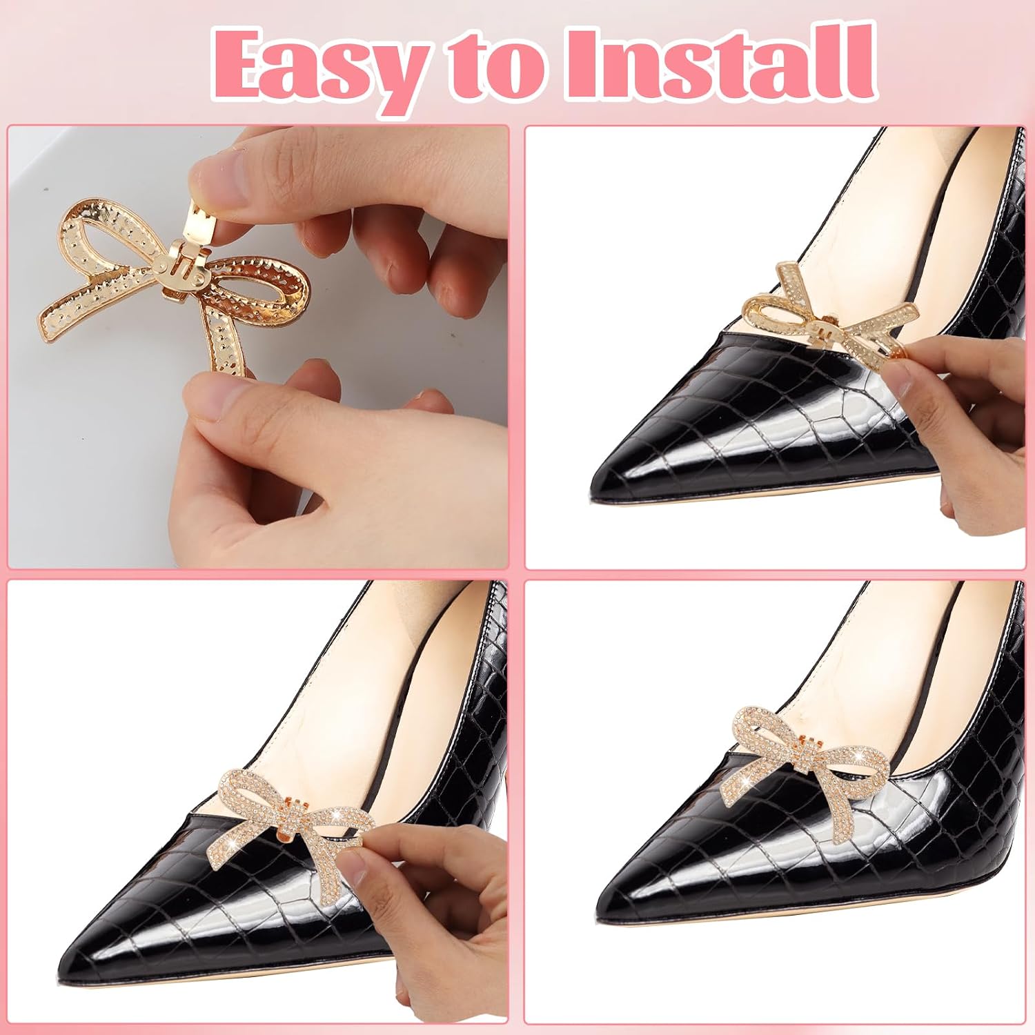 4 Pcs Bow Shoe Clips for Women, Rhinestone Black Satin Shoe Clips Elegant Detachable Decorative Bow Shoe Clips for Women Dress Shoes Wedding Bridal Party Accessories image 4