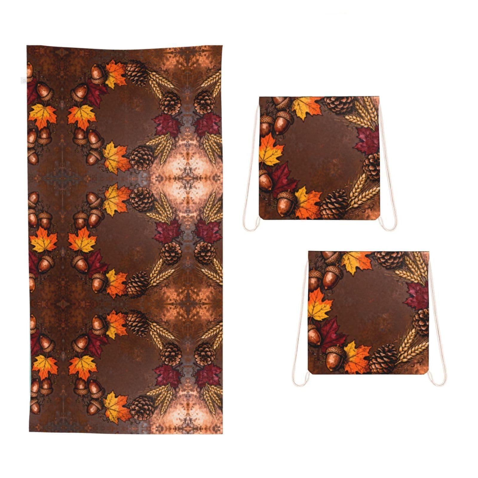 CNTDBU Autumn wreath 2 in 1 Packable Towel Bag-Large Beach Towel with Stuff Sack, Super Absorbent Microfiber Travel Towel for Pool