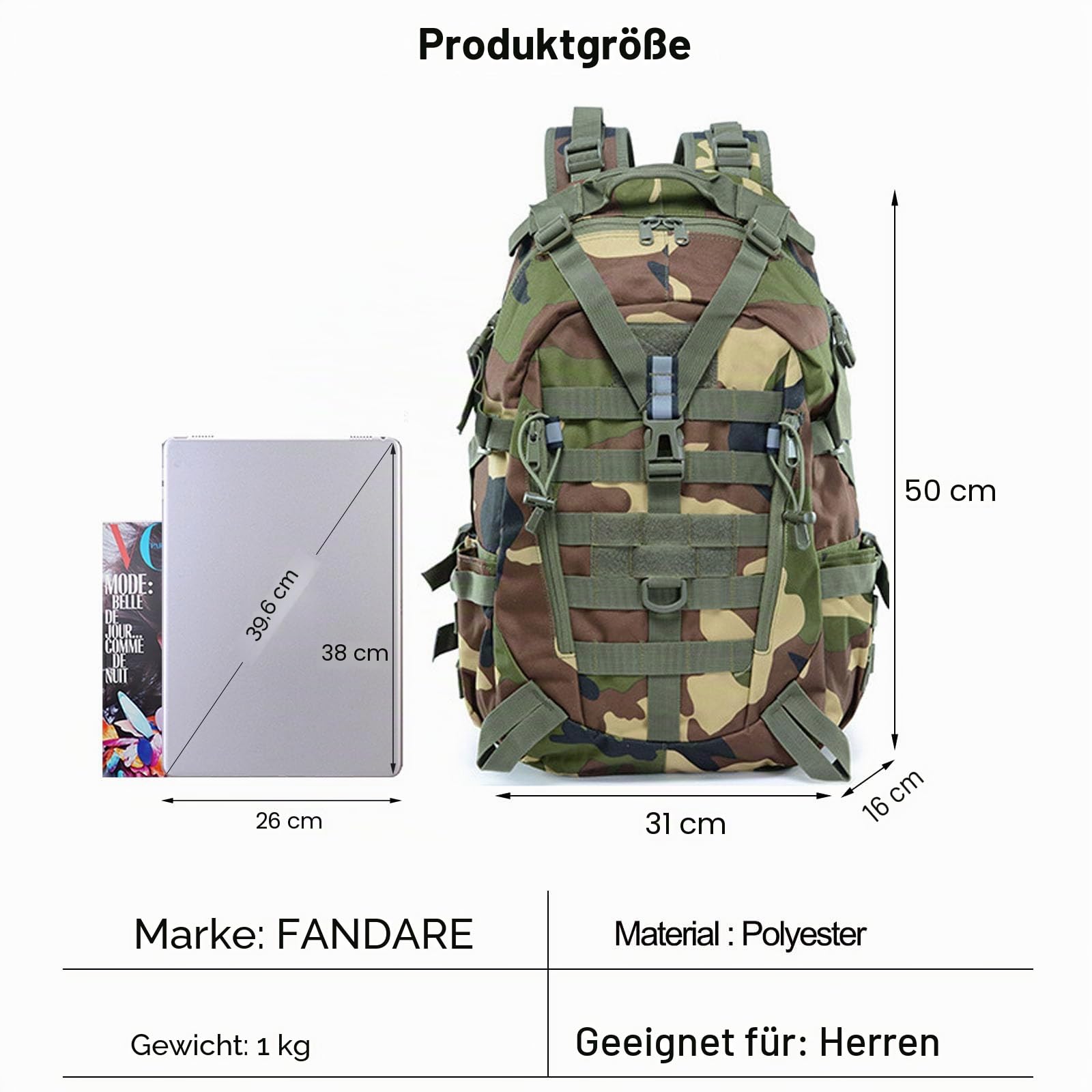 FANDARE 25L Militär Rucksack Molle Taktische Motorrad Wanderrucksack Herren Arbeit für Taktischer Assault Wandern Reisen Outdoor Trekkingrucksack Damen Jagdrucksack Schulrucksack Handgepäck Rucksack