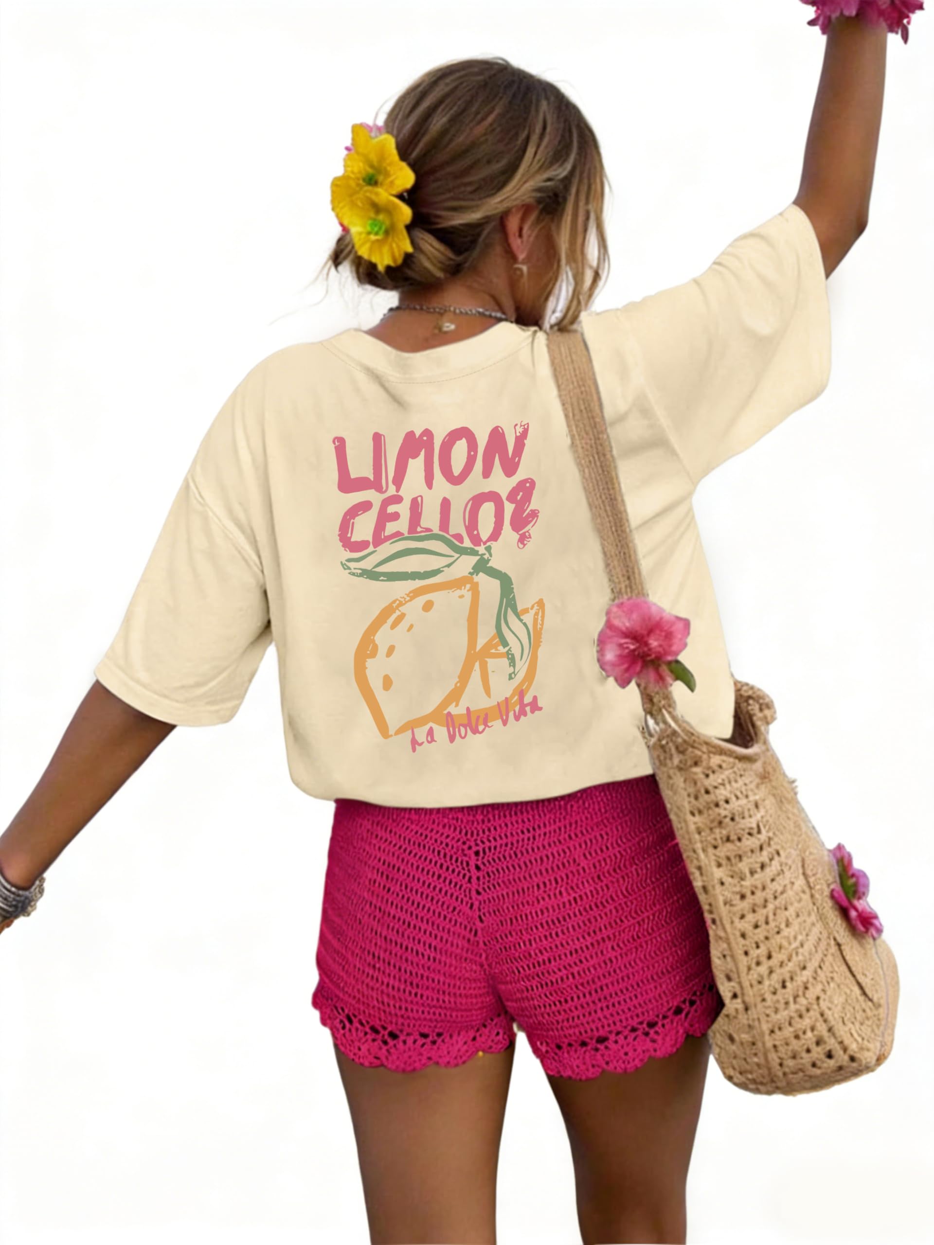 Womens T Shirts Crew Neck Summer Cute Lemon Graphic Short Sleeve Tops Loose Fit Casual Fruits Tees Trendy for Girls