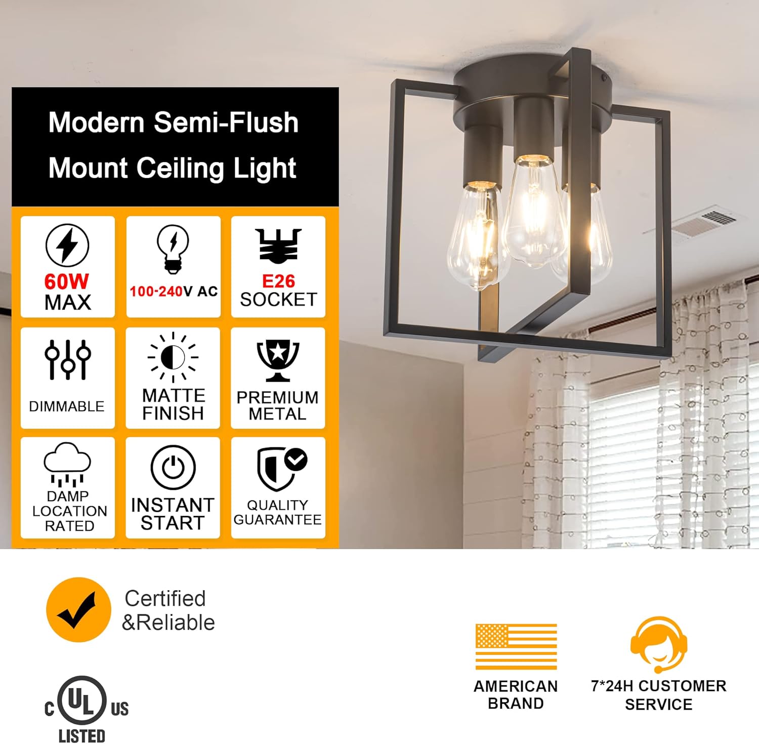 3-Light Flush Mount Ceiling Black Metal Frame Ceiling Light Farmhouse Light Fixture for Kitchen Island Entryway Porch Foyer Dining Room, E26 Ceramic Base