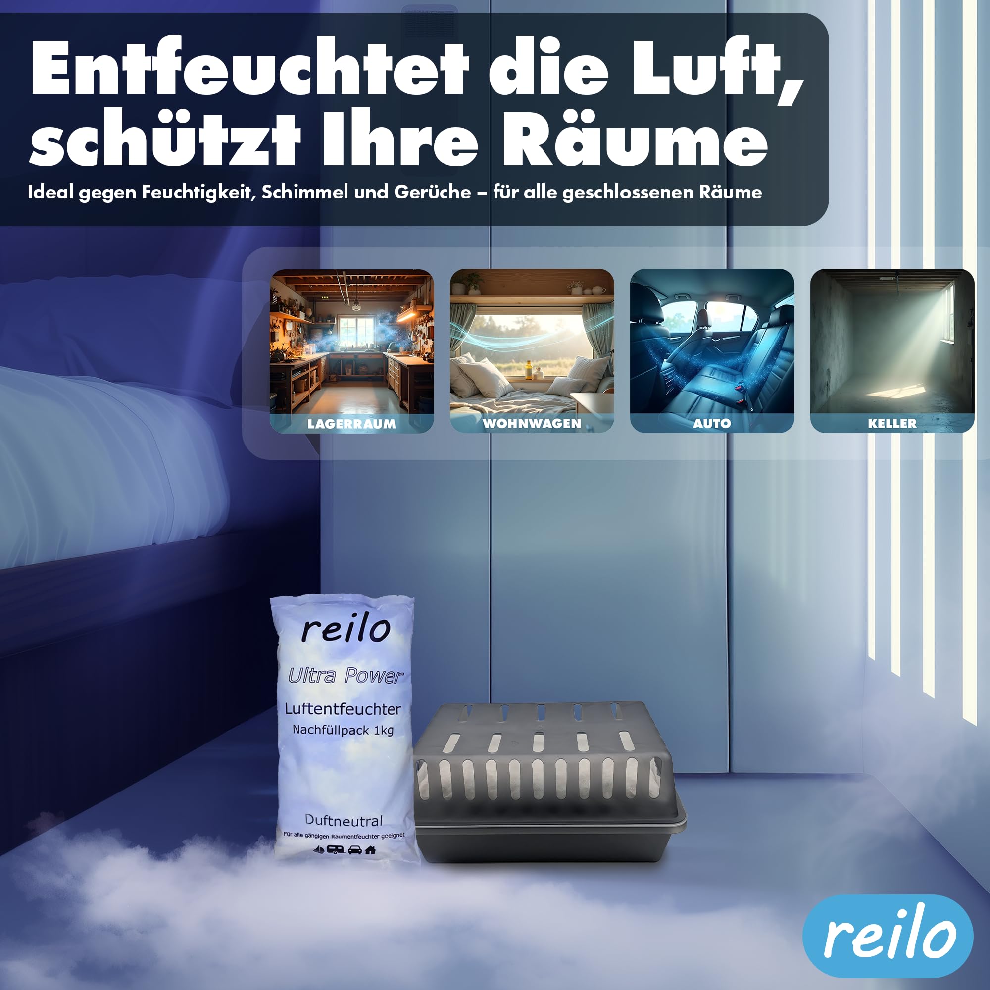 2x XXL Raumentfeuchterbox und 10x 1kg Ultrapower Luftentfeuchtergranulat, Luftentfeuchter-Komplettset, Raumentfeuchter im Vliesbeutel, Staffelpreis, für Auto, Schlafzimmer, Keller