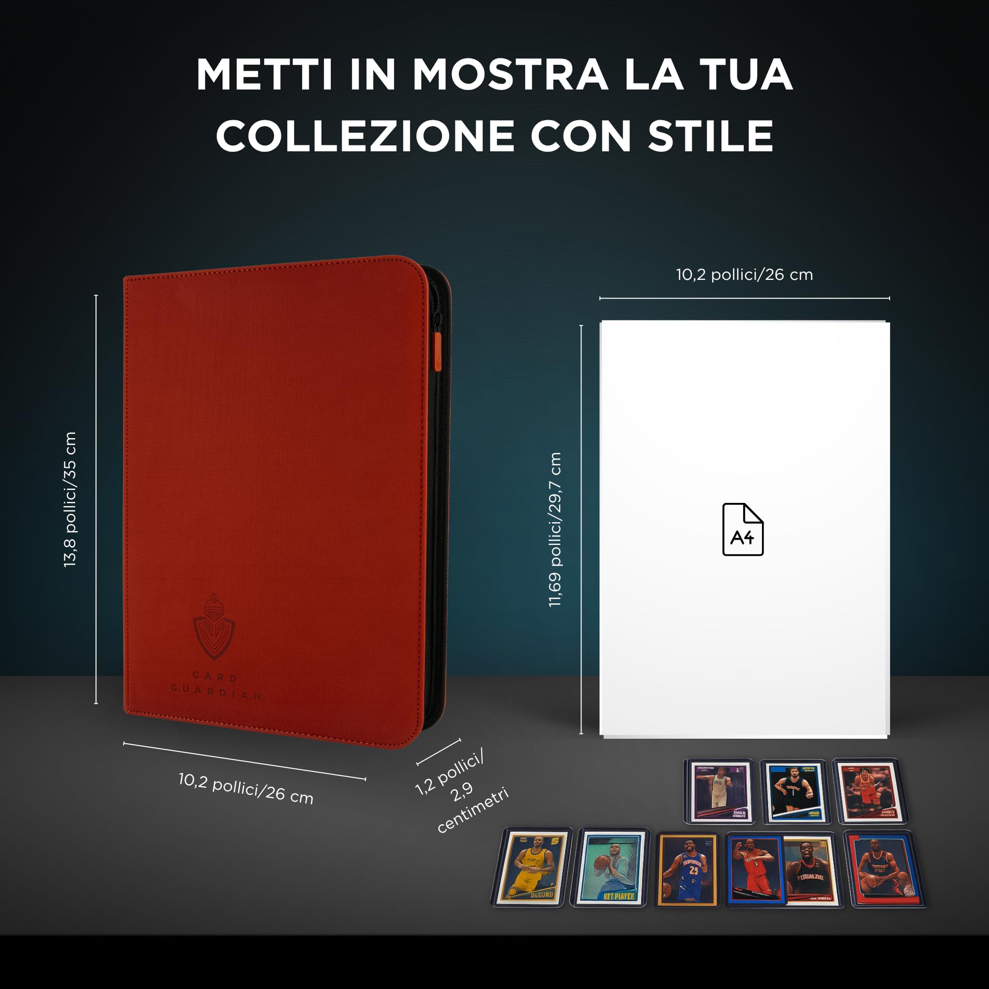 Card Guardian – Raccoglitore Carte Premium 9 Tasche con Cerniera | Album 360 Carte con Tasche a Caricamento Laterale – Binder Carte per TCG, MTG, One Piece, YuGiOh (Rosso)