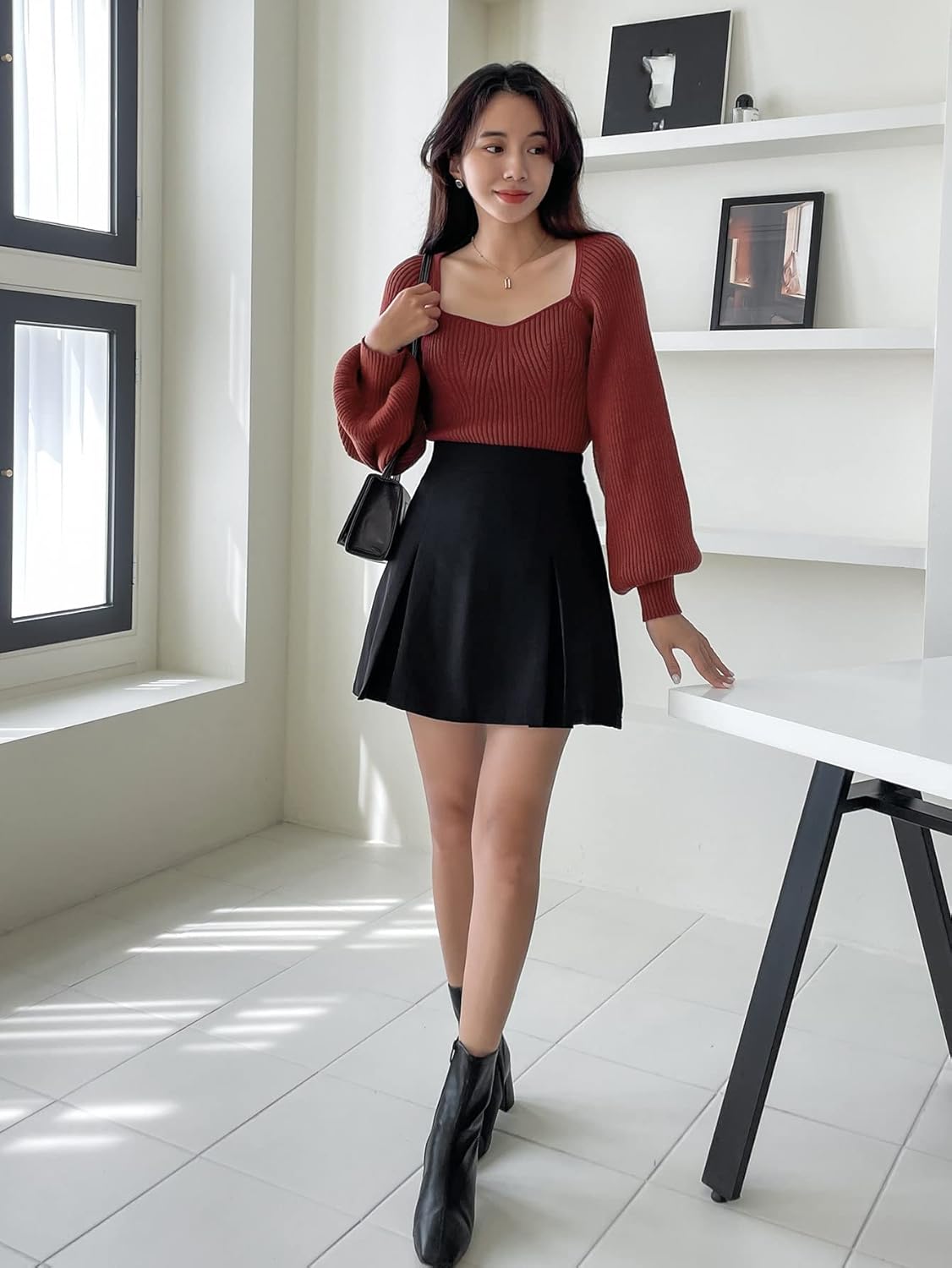 Women's Sweater Sweetheart Neck Raglan Sleeve Sweater Sweater for Women (Color : Burgundy, Size : Medium)