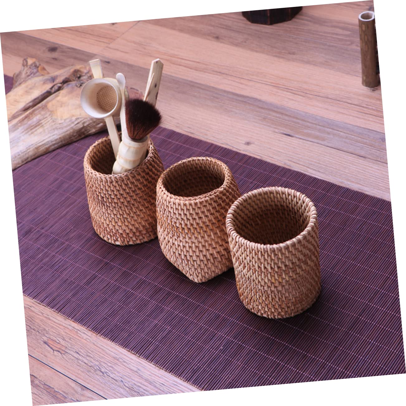 Operitacx 3piezas Contenedor De Almacenamiento De Juego De Té De Ratán Mano Cesta Creativa Para Ceremonia Del Té Multifuncional Como Soporte De Bolígrafos Para Hogar Oficina y