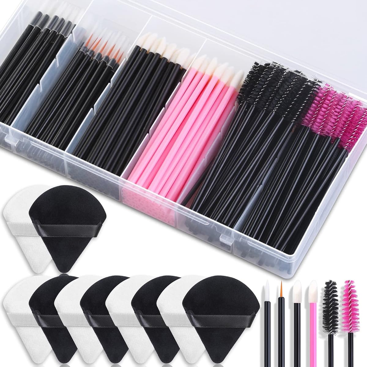 Accesorios de maquillaje desechables con aplicadores de maquillaje Puffs de maquillaje triangulares, varitas de rímel, aplicadores de labios desechables, pinceles delineadores, herramientas de maquillaje para suministros de maquilladores