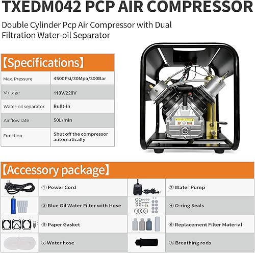 Miniatura 4 de TUXING Compresor de aire PCP de doble cilindro, compresor de aire de alta presión de 4500 psi, dos filtros de agua y aceite integrados, bomba de