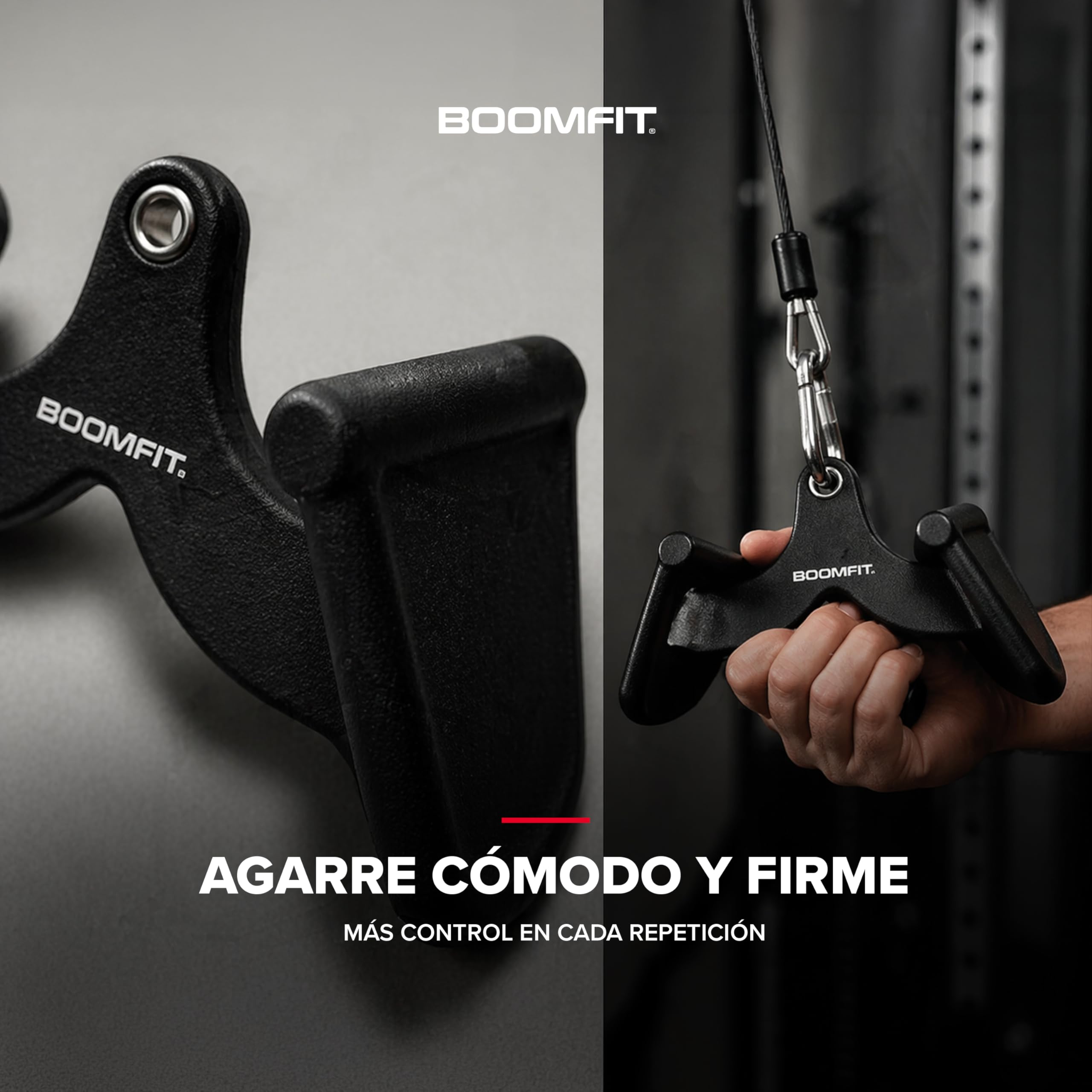 BOOMFIT Pack 8 Agarres para Polea en Hierro Fundido y PVC | Accesorios para Poleas de Gimnasio para Entrenar Espalda, Bíceps, Tríceps y Hombros | Incluye Barra de Jalón, Remo en V y Acoples de Remo | 8 agarres de hierro fundido para tu máquina de polea