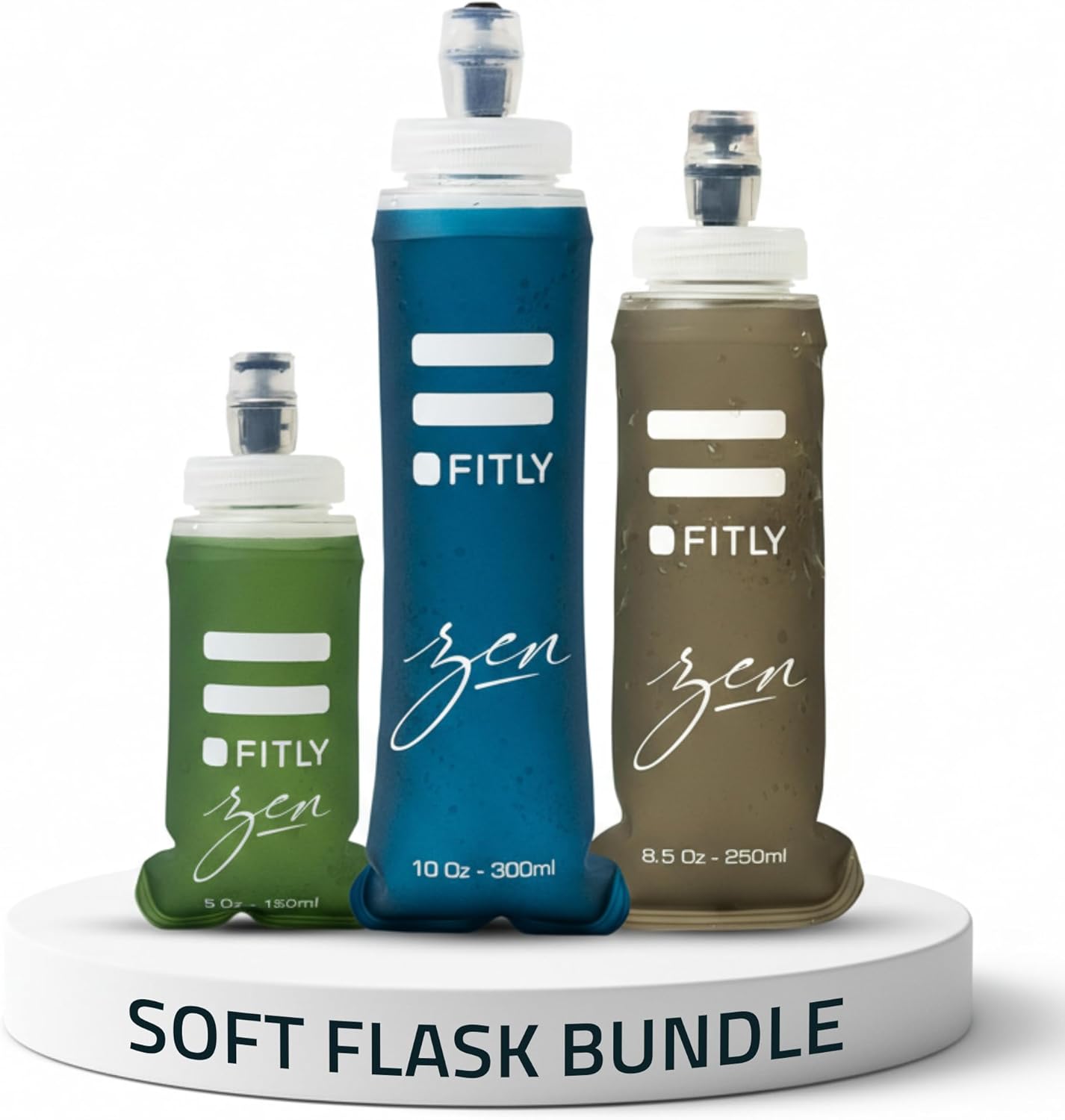 FITLY FLASKS Combo - 3 Handheld Soft Flask, Collapsible Water Bottles for Running, Marathon, Hiking, Cycling (5 oz, 8.5 oz, 13.5 oz / 150-250-400 ml)