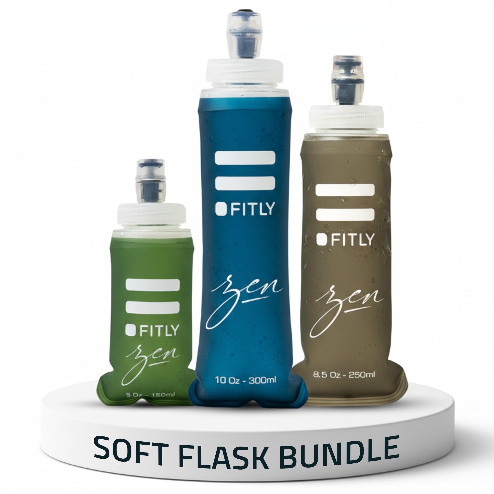 FITLY Soft Flask 3 Pack - 5 oz (150 ml), 8.5oz (250ml), & 13.5oz (400ml) - Shrink As You Drink Soft Water Bottle for Hydration Pack - Folding Water Bottle for Running & Hiking
