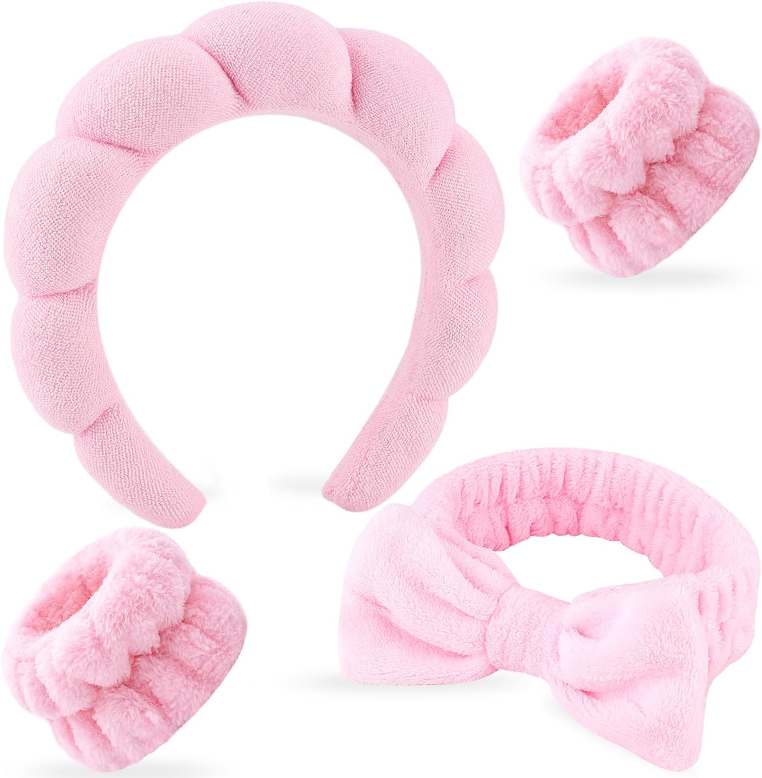 Zkptops 4Pcs Spa Headband for Washing Face Wristbands Set Women Bubble Skincare Makeup Sponge Terry Cloth Padded Puffy Headband Bow Tie Hairband Cute Non Slip Thick Hair Accessory Gifts(Pink)