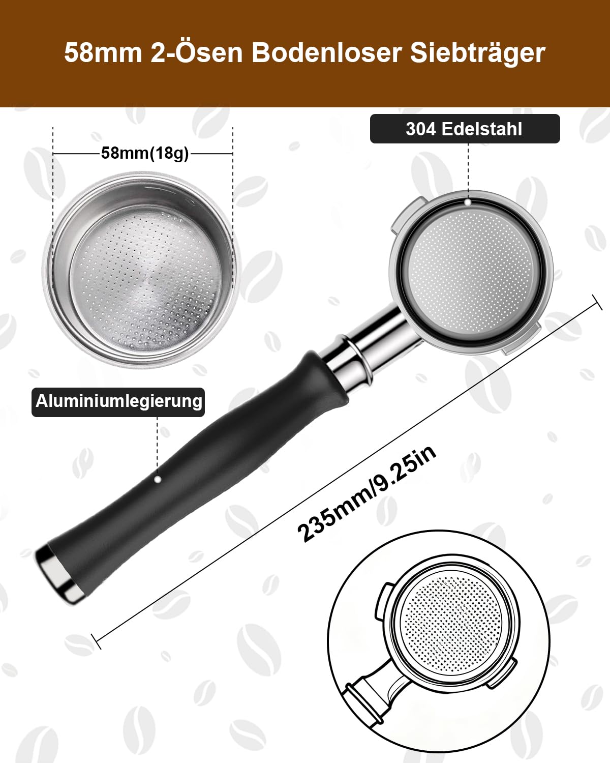 KOFIKOFI Portafiltro sin fondo de 58 mm, 2 orejas, filtro portafiltro sin fondo para cabezal de infusión E61, Flair 58, ECM, Rocket, Sanremo, Synesso, Slayer, cafetera expreso VBM con cesta de filtro