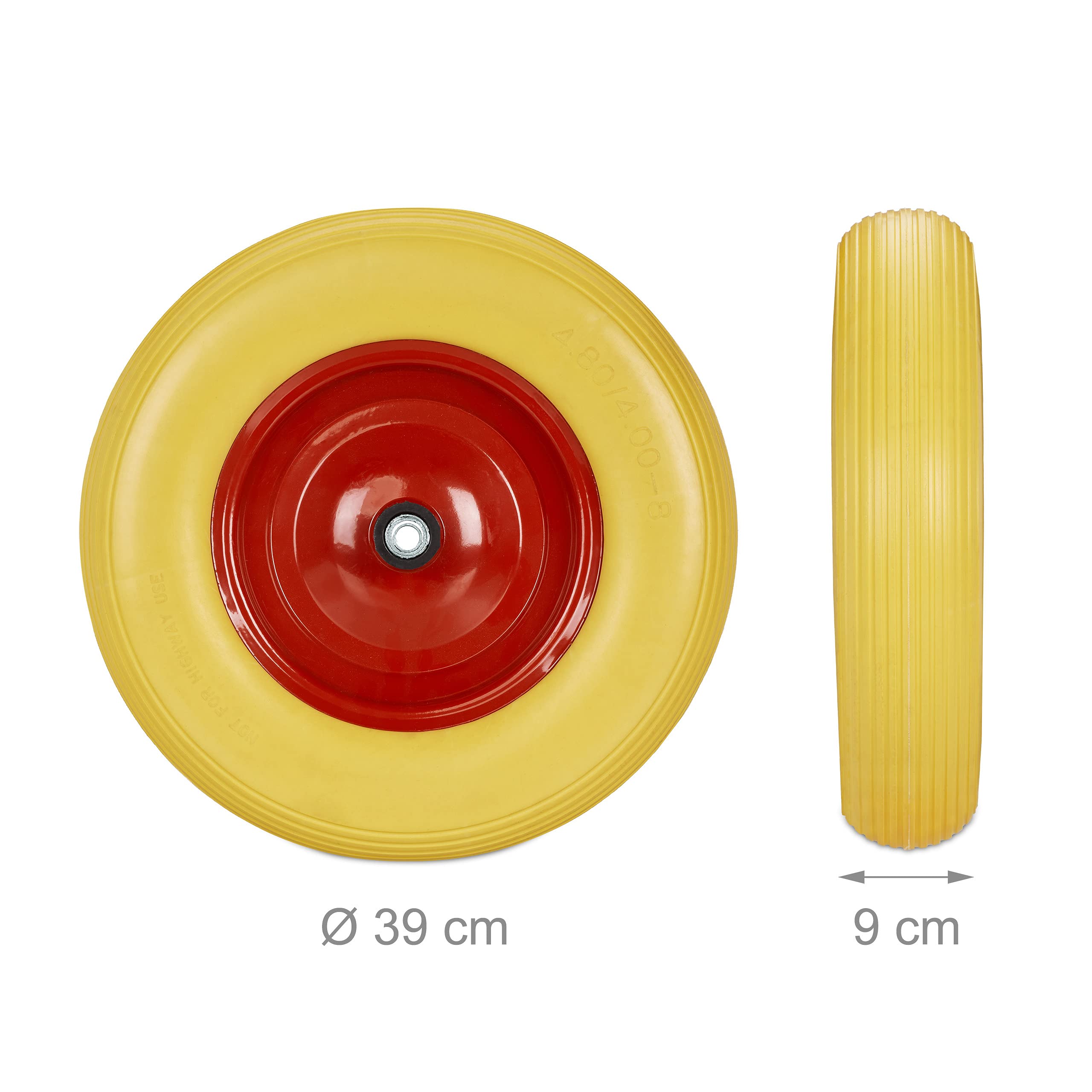 Relaxdays Rueda de Carretilla 4.80 4.00-8, Goma Maciza & Llanta de Acero, Tres adaptadores, 100 kg, Amarillo y Rojo