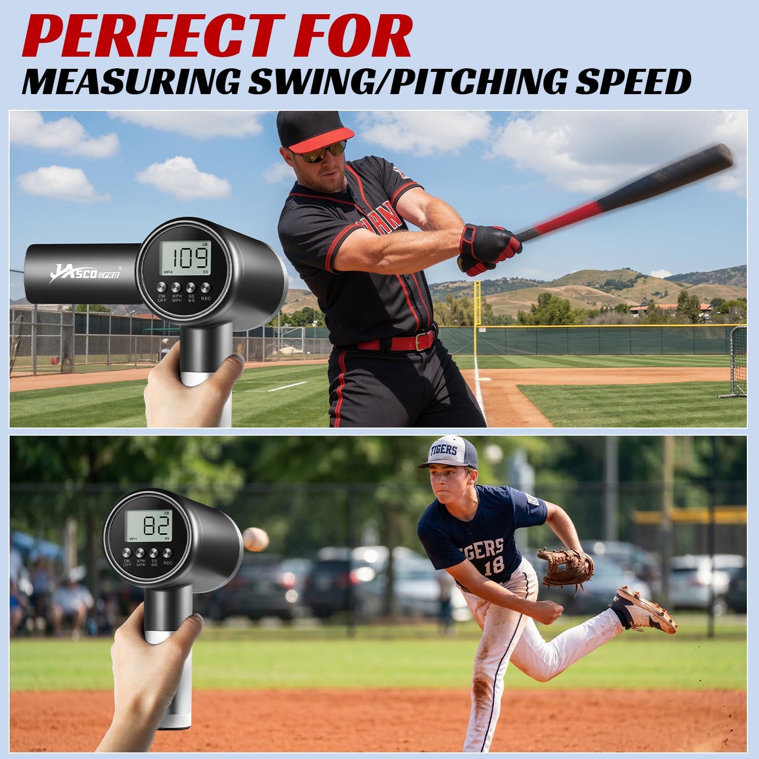 24GHz Baseball Radar Gun with LED+LCD Dual Display, ±1 MPH Accuracy,Dual Speed Modes for Pitching & Swing,Handheld Multi-Sport Speed Sensors Baseball Radar Training Equipment for All Players