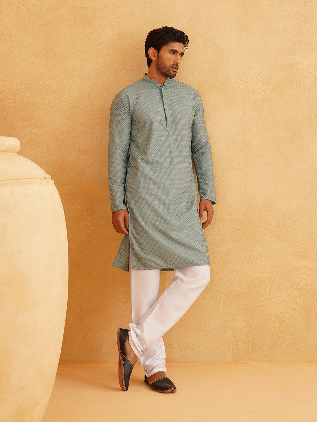 Sojanya (Since 1958 Men's Cotton Checked Embroidered Kurta & White Pyjama Set Size-40