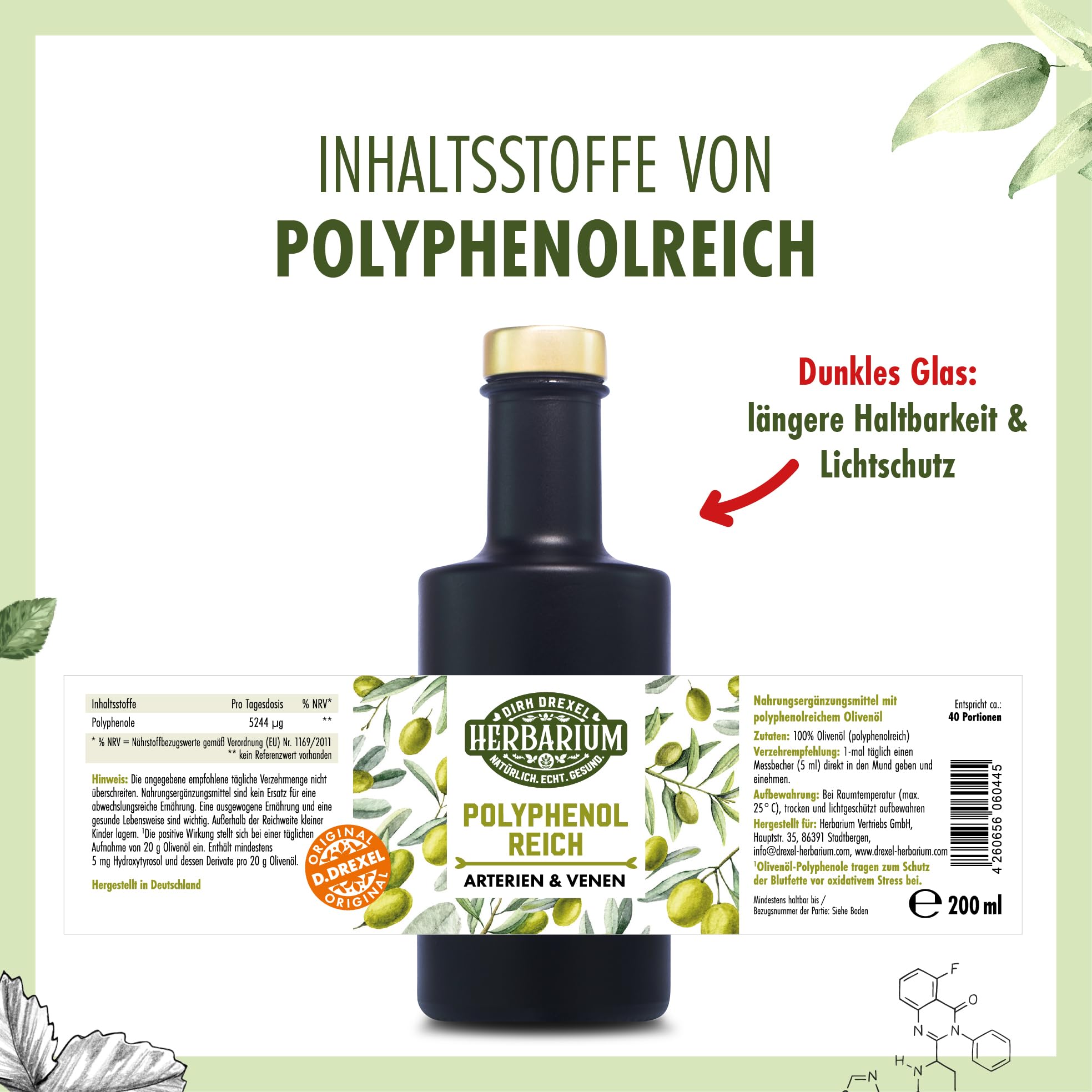 Herbarium Polyphenolreich, 200 ml | Nahrungsergänzungsmittel mit polyphenolhaltigem Olivenöl (1140 mg/kg) | Naturbelassen & kaltgepresst | Premium-Qualität aus Griechenland