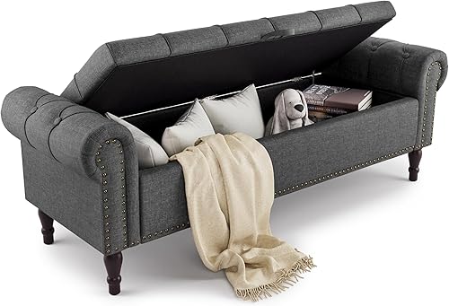 Cozyman Banco otomano de almacenamiento, banco de ventana con brazo enrollado de lino de 62 pulgadas de largo, banco de ventana con botón copetudo y