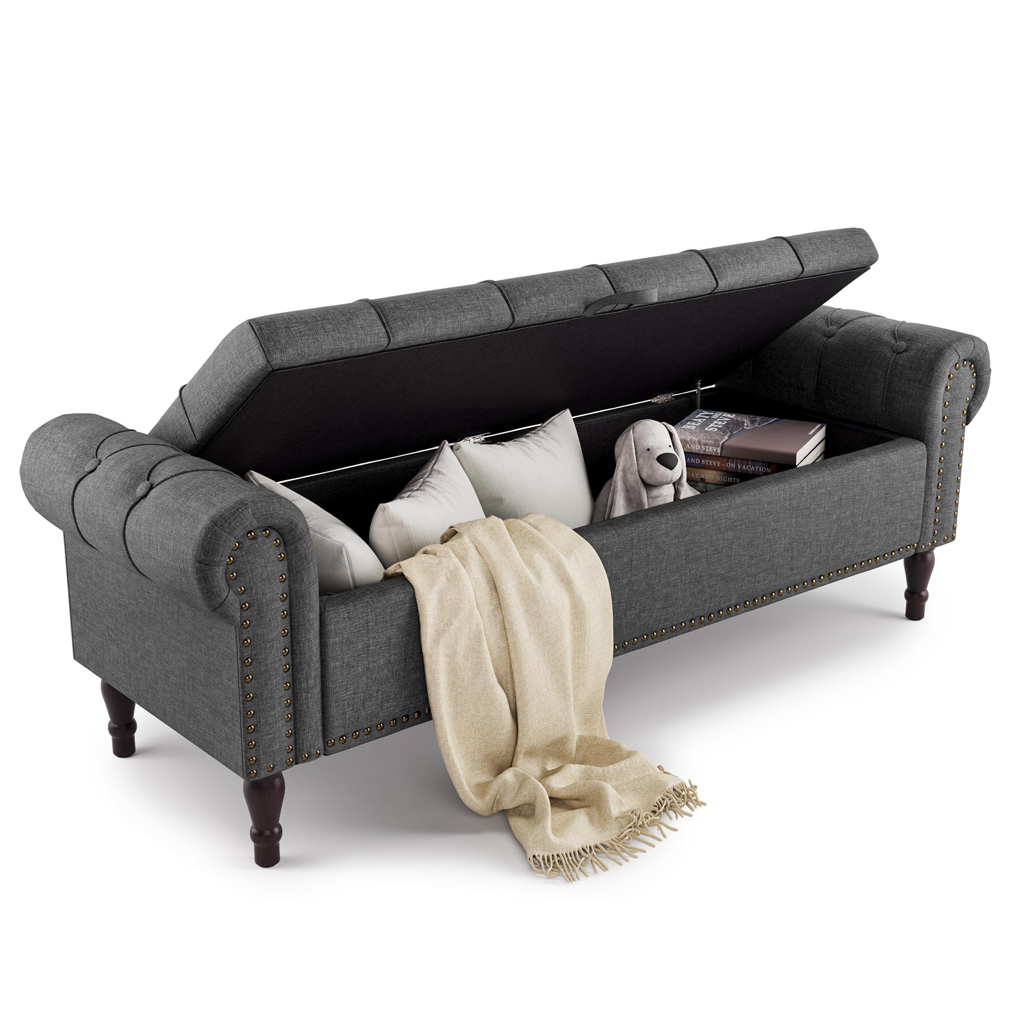 Storage Bench Ottoman, 62" Long King Linen Rolled Arm Bedroom End of Bed Bench, Window Bench with Button Tufted and Nailhead Trim for Foot of Bed Bench, Bedroom, Entryway, Living Room, Gray