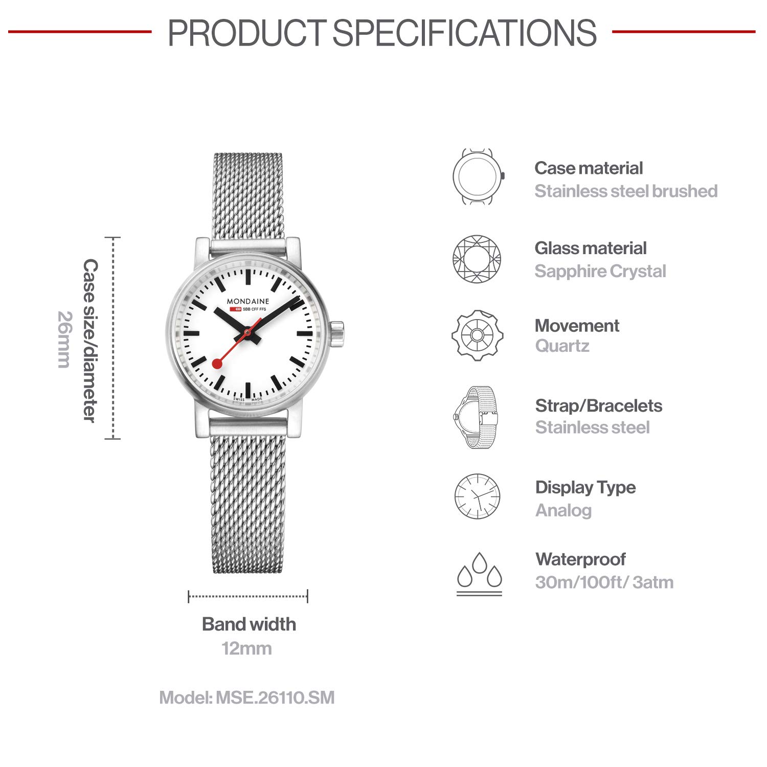 Mondaine - Evo2 MSE.26110.SM - Damen Uhr 26mm - Bahnhofsuhr in Silber Edelstahl Armband - 30m Wasserdicht Saphirglas mit rotem Sekundenzeiger - Hergestellt in der Schweiz