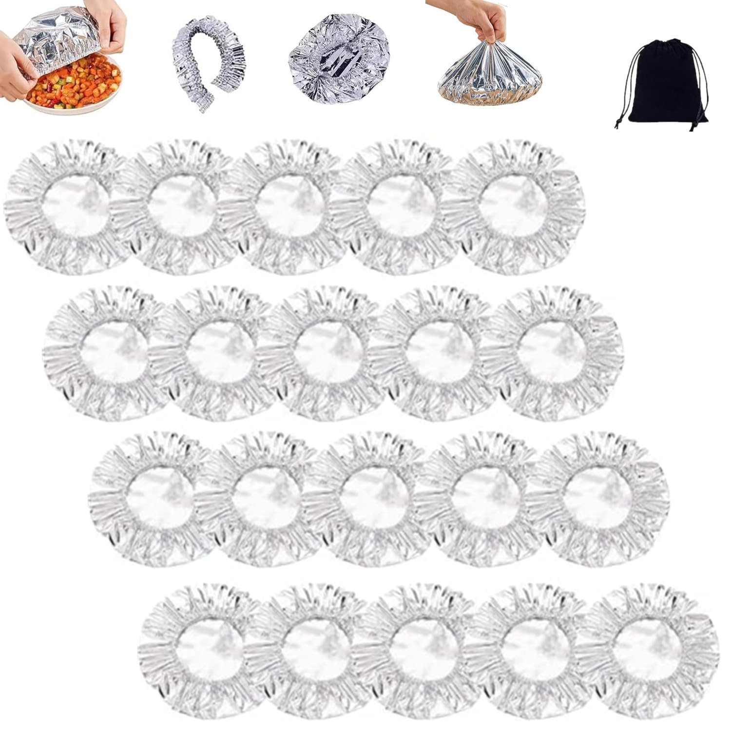 Reusable Aluminum Foil Food Covers: Home Dining Table & Food Container Aluminum Foil Heat-Retaining Cover, Aluminum Food Covers With Elastic, For Kitchen Meals Vegetables Fruits Leftovers (20PCS)