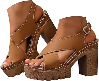 Block High Heels Platform Sandals for Women Open Toe Wide Width Adjustable Ankle Strap Sandals Comfortable Casual Dressy Chunky Heel Leather Summer Solid Color Hollow Out Walking Shoes