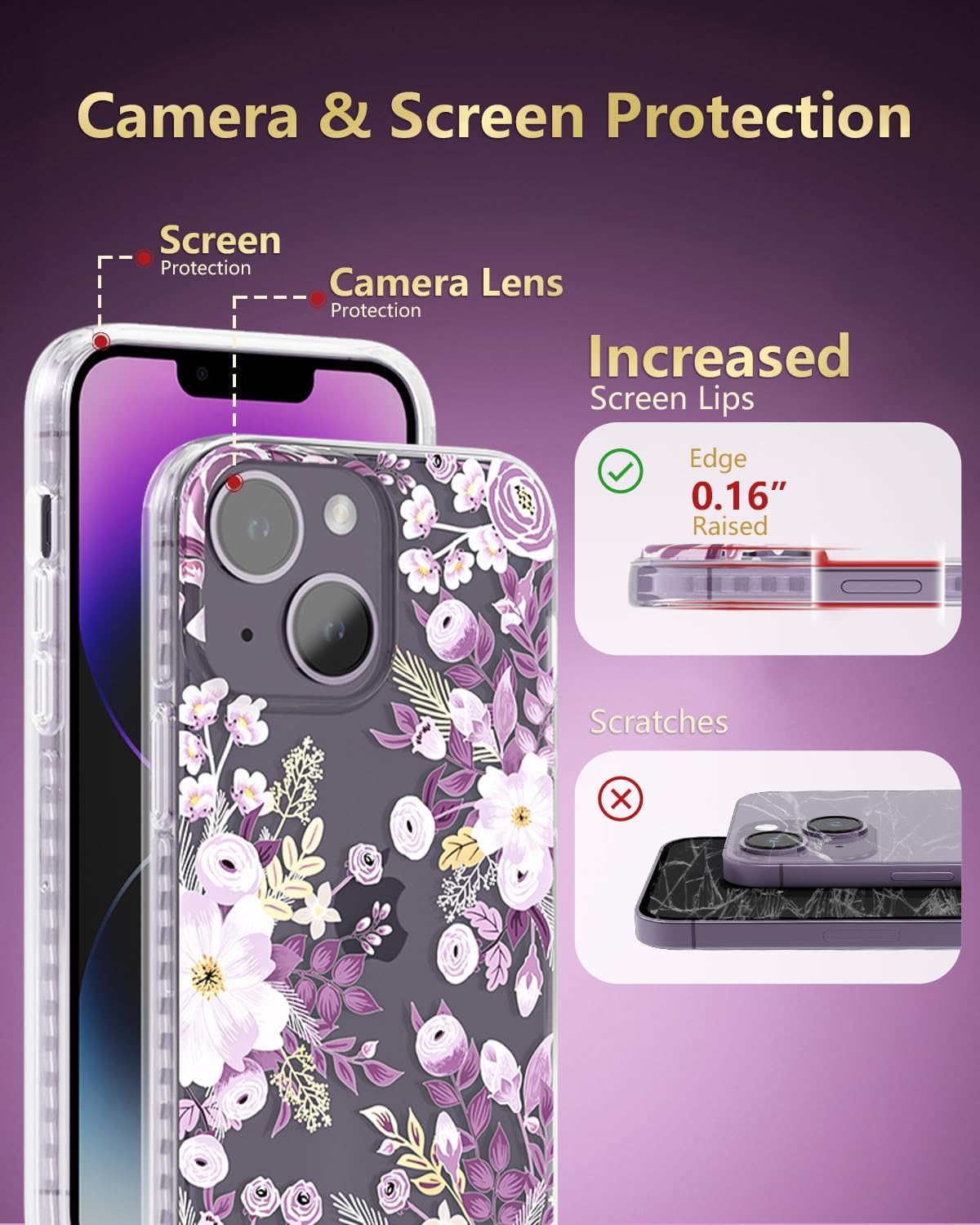 SCORPIFY for iPhone 13 Case with Purple Nemophila Floral Design, Cute Clear Flower Phone Cover for Women Girls, [Non Yellowing] Slim Shockproof Bumper with Gold Accents