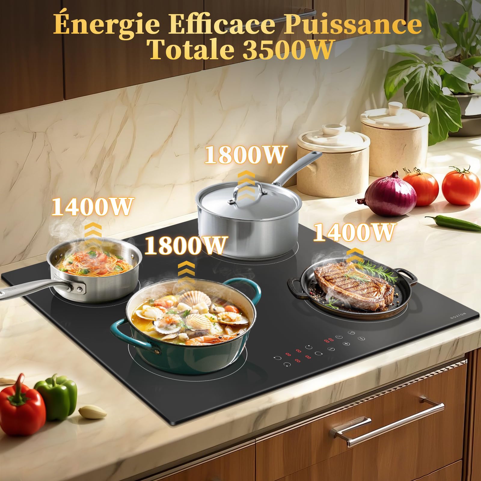 Plaque Induction 4 Feux avec Prise, Plaque de Cuisson Electrique Encastrable, Table de Cuisson Induction 60CM, 6400W Plaque Induction 4 Foyers avec Commande Tactile, Sécurité Enfant, Minuterie