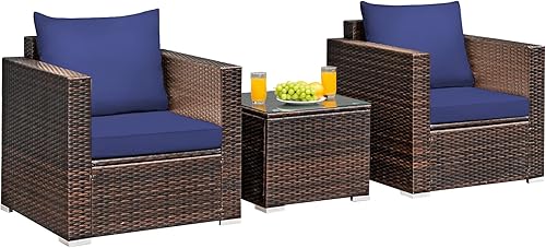 Miniatura 10 de COSTWAY Juego de muebles de ratán de patio de 3 piezas, sofá de conversación acolchado jardín rojo