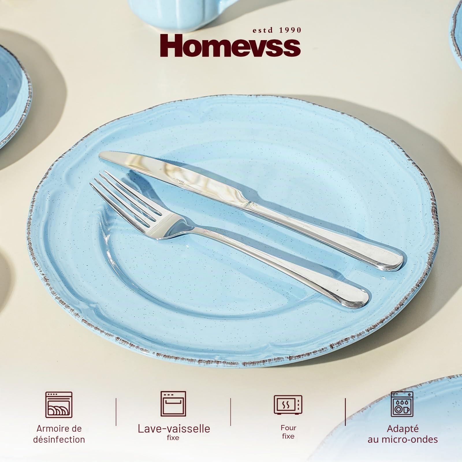 Service de table 20 pièces en grès pour 4 personnes, résistant aux rayures, motif campagne française mouchetée (Blue)