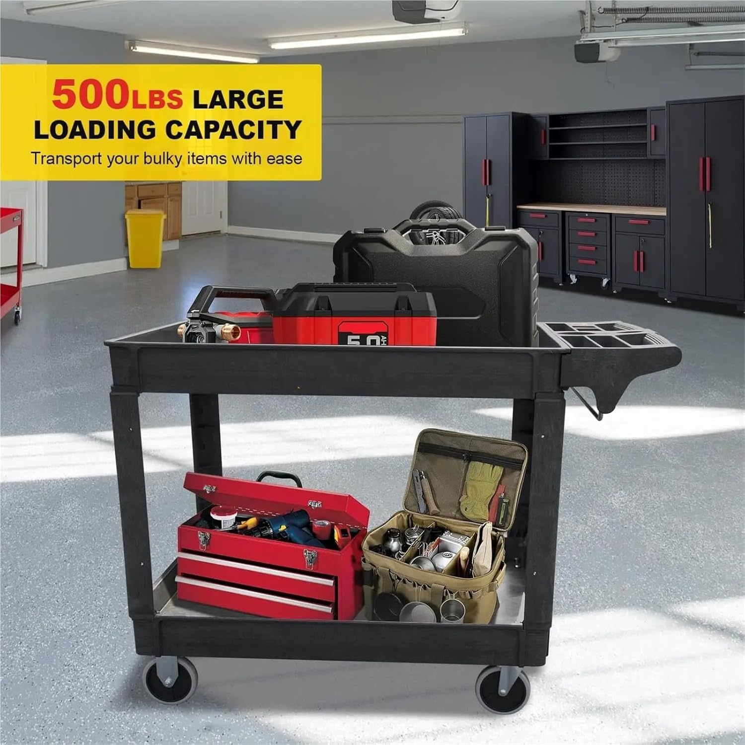 アウトドア用キャリーカート サービスカート、2棚500ポンド高耐久プラスチック製ローリングユーティリティカート、360&deg;回転ホイール