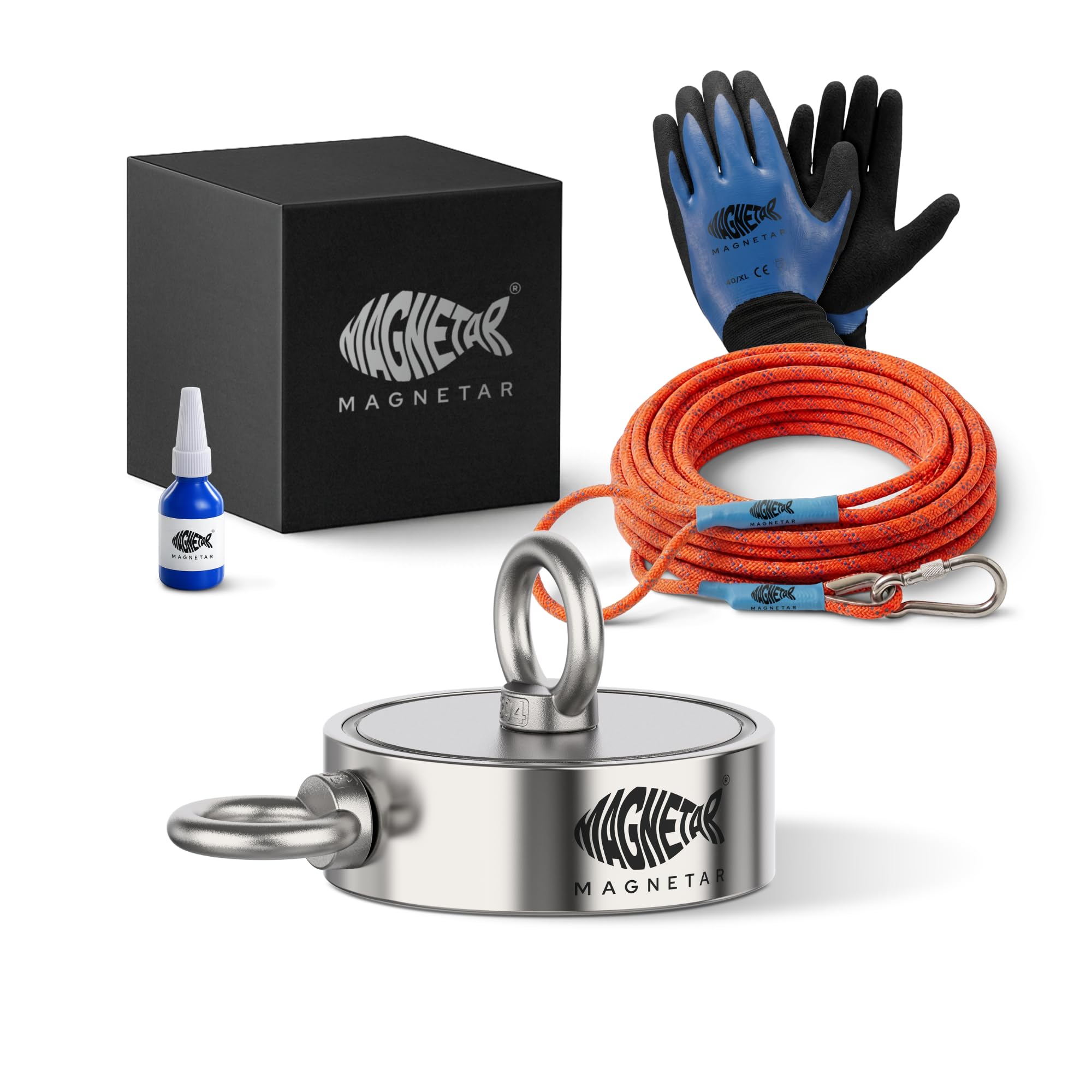 Magnetar - Magnetfischen Set - Doppelseitig 500kg Bergemagnet - Magnetangel Paket mit Doppelmagnet/Seil/Handschuhen/Kleber - Angelmagnet zum Magnet fischen
