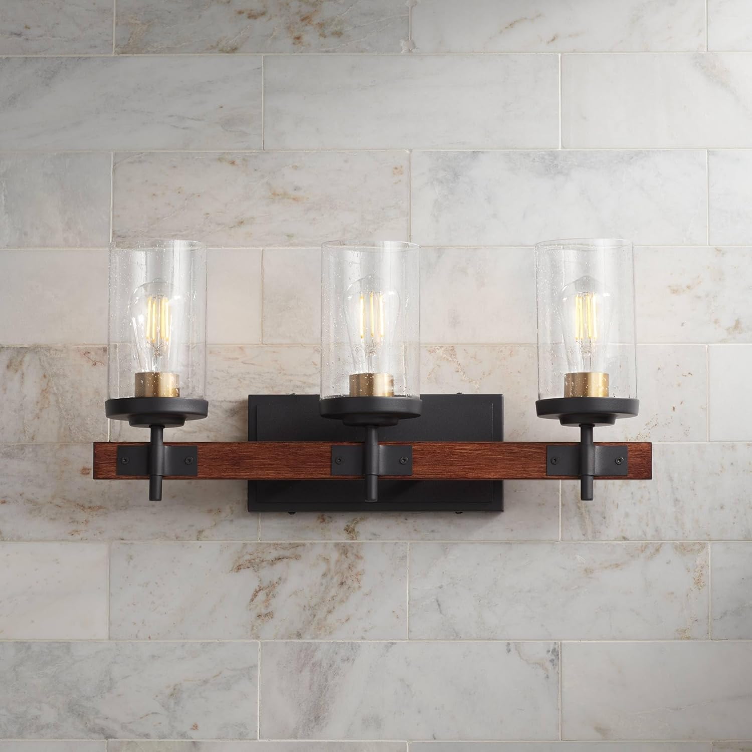 Possini Euro Design Kata Farmhouse Rustic Wall Light Black Faux Wood Hardwired 22" 3-Light Fixture Clear Seeded Cylinder Glass for Cottage Core Bedroom Bedside Bathroom Vanity Living Room Hallway