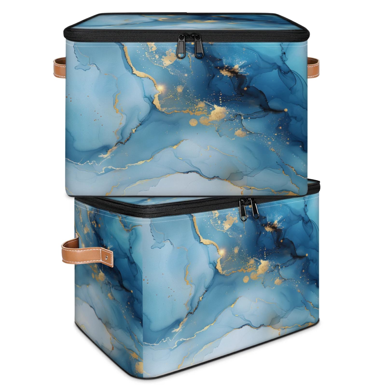 Confezione da 2 contenitori in marmo blu con coperchio con cerniera in tessuto, cubi per la casa, cestini per vestiti, organizer contiene marmo