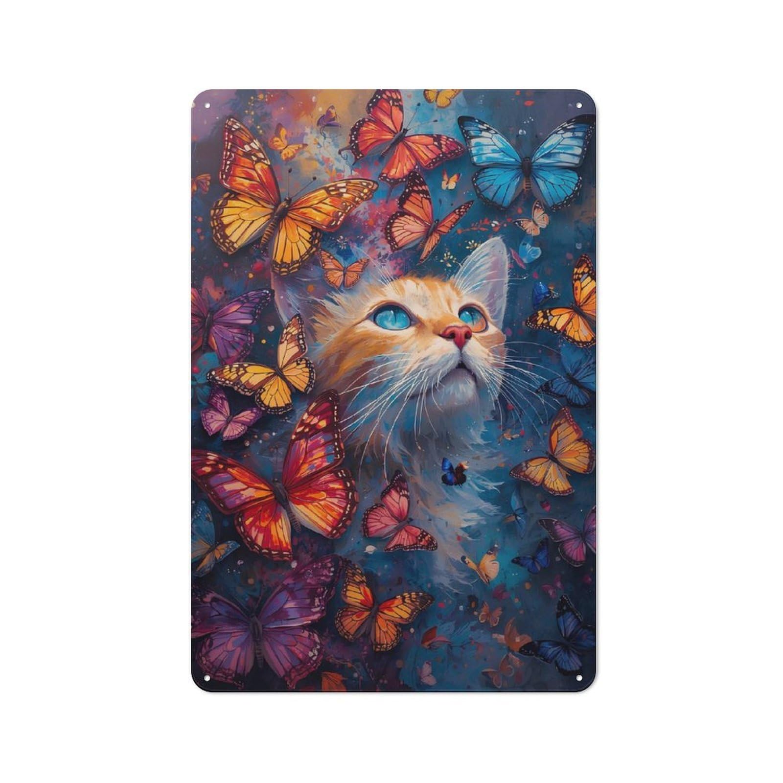 Junmoney Cat And Butterflies Dreamscape 30X20cm Retro Metal Plaque With For Kitchen Or Home Bar, For Garage, Workshop And Man Cave Decoration