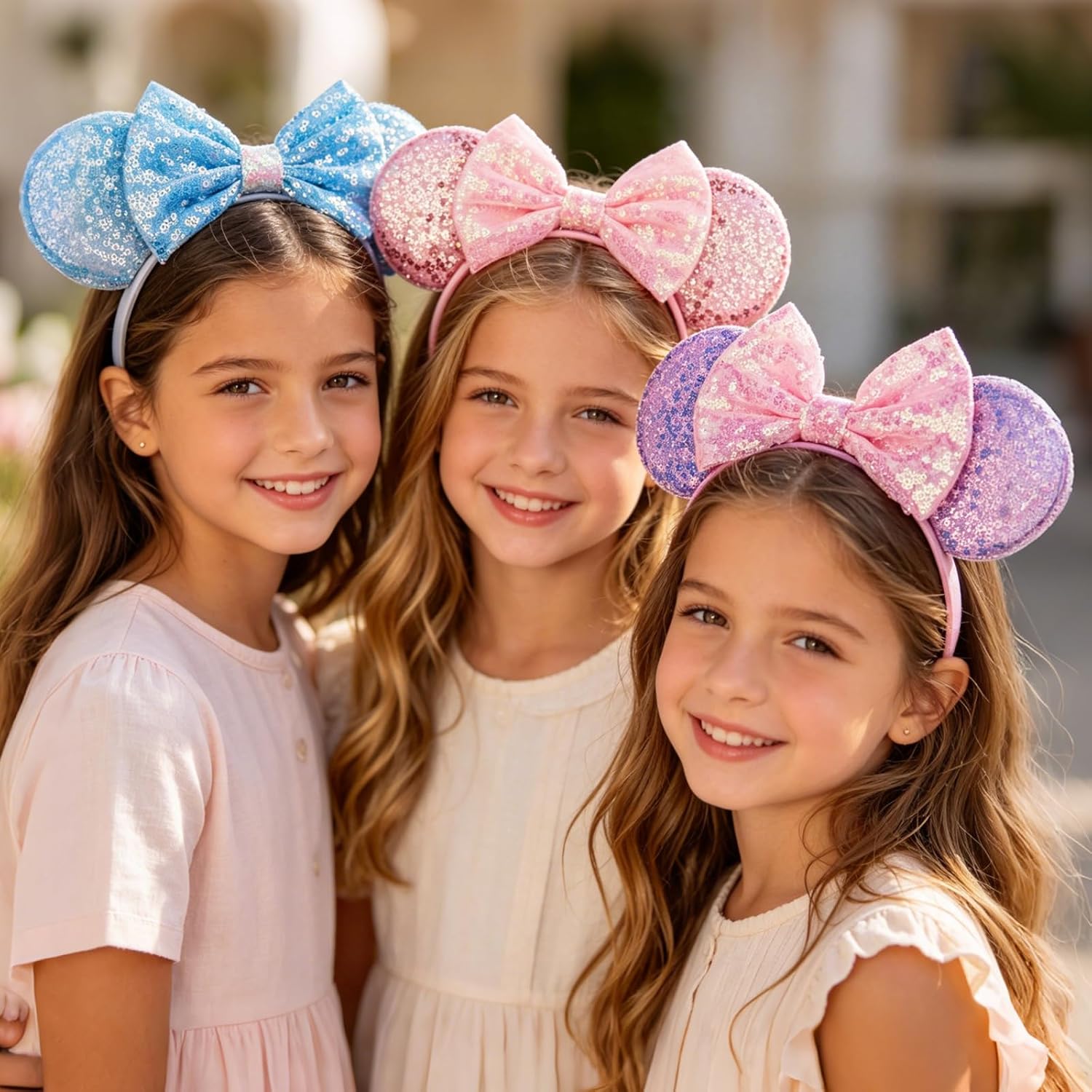 Mouse Ears Headband for Princess, Pink Ears for Women Halloween Costume, Sequin Bows Headwear Hair Accessories - Pink&Blue&Purple
