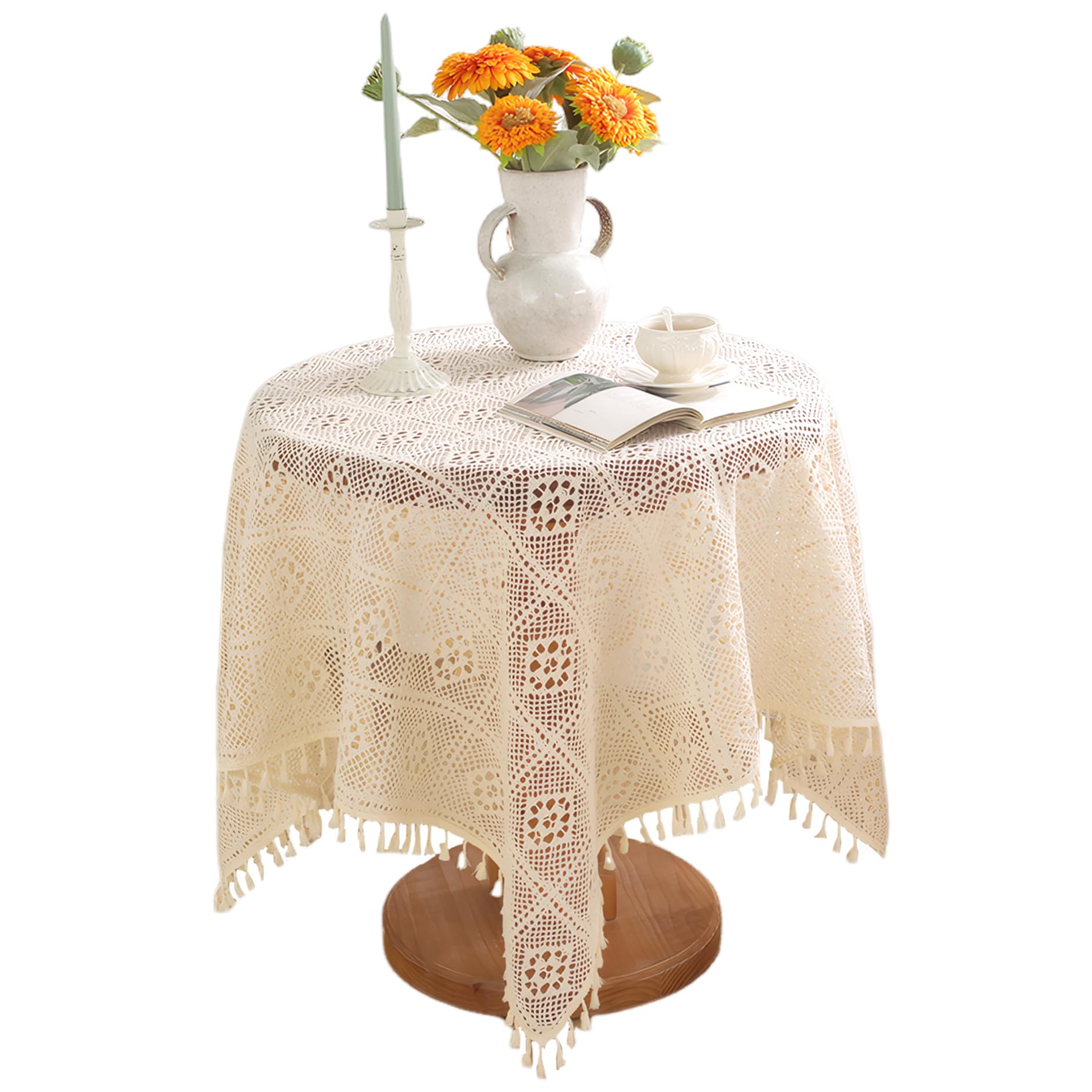 Peosaard 60 * 60 Cm Small Table Cloth Square, Lace Tablecloth 24X24 Inch Hollow Vintage Round Tablecloth With Tassels Cotton Coffee Table Cloth For Home Dining Party Wedding Banquet, Coffee