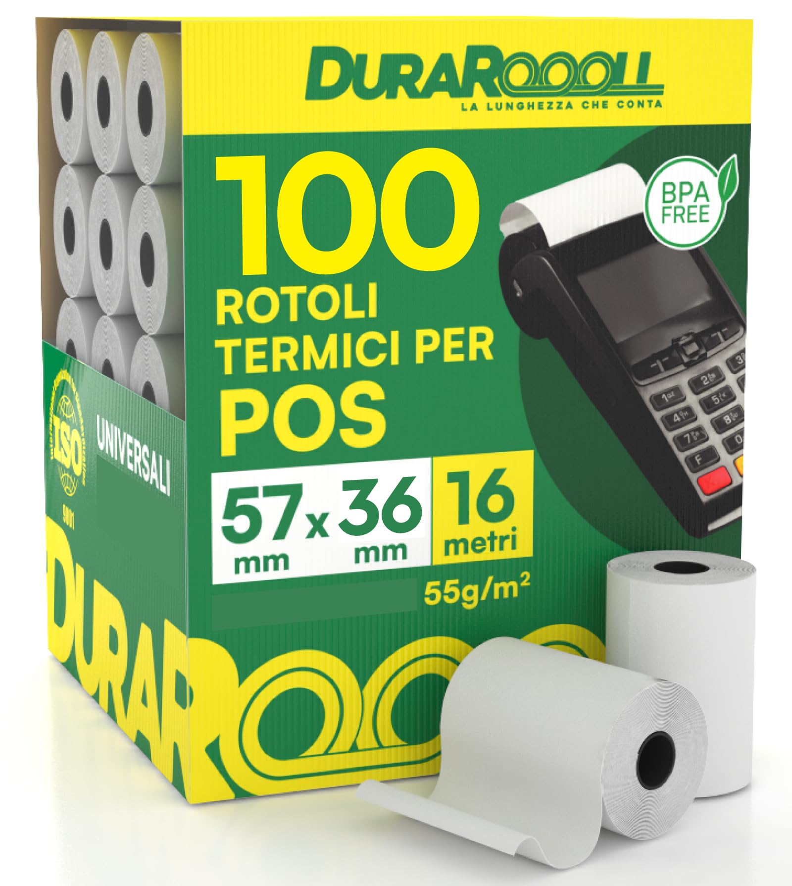 100 Rotoli Carta POS 57x36 Rotolini Termici DuraRoooll - Rulli Carta Termica 16m Compatibile con SumUp Nexi Pax Axerve Ingenico Smart POS - Rullini per Scontrini e Ricevute Carte di Credito Bancomat