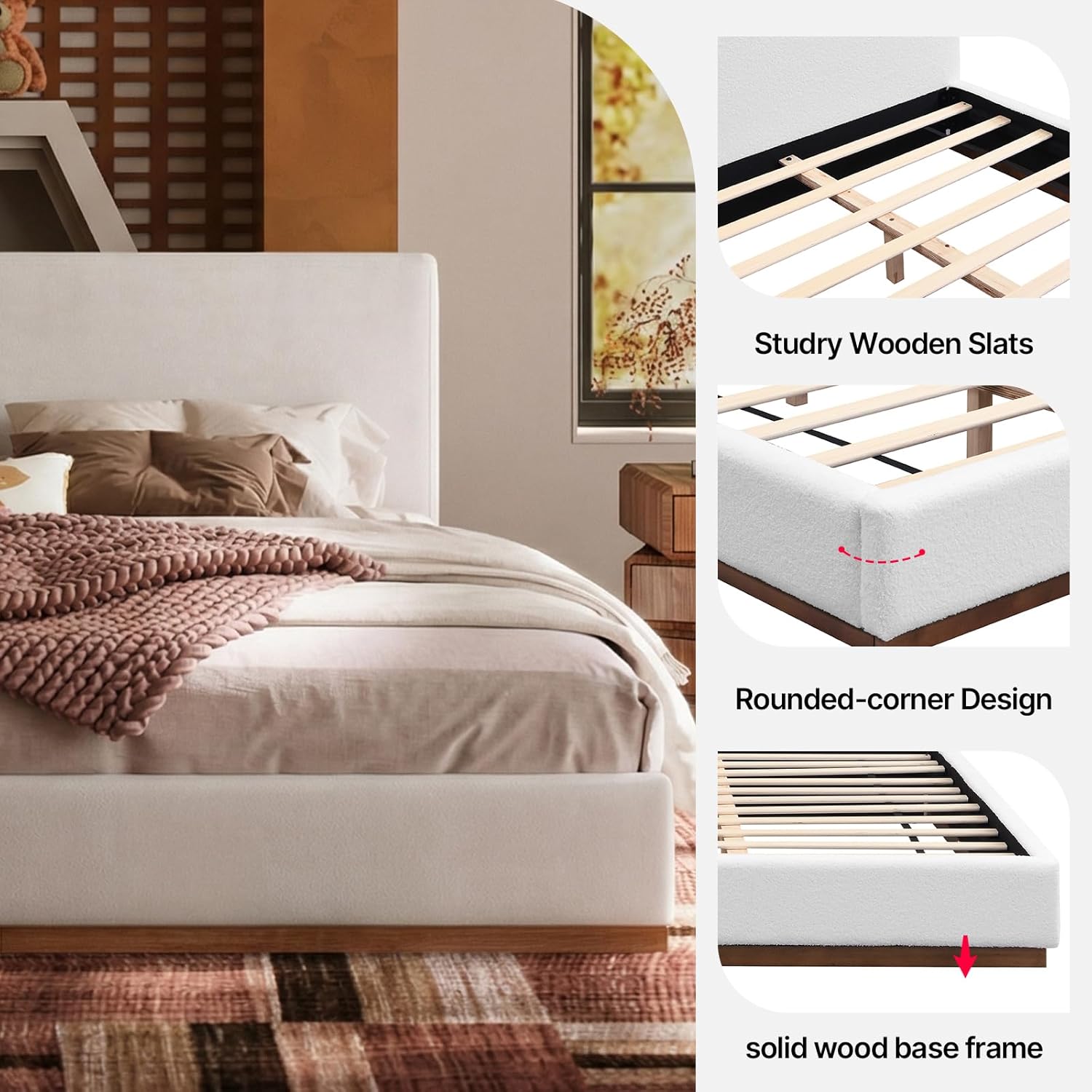 Queen Size Modern Cloud Bed, Platform Bed with Soft Thick Headboard,Block White Fabric Upholstered Bed with Nice Wood Grain Textured Solid Wood Base Frame, Wooden Slats (White, Queen (U.S. Standard))